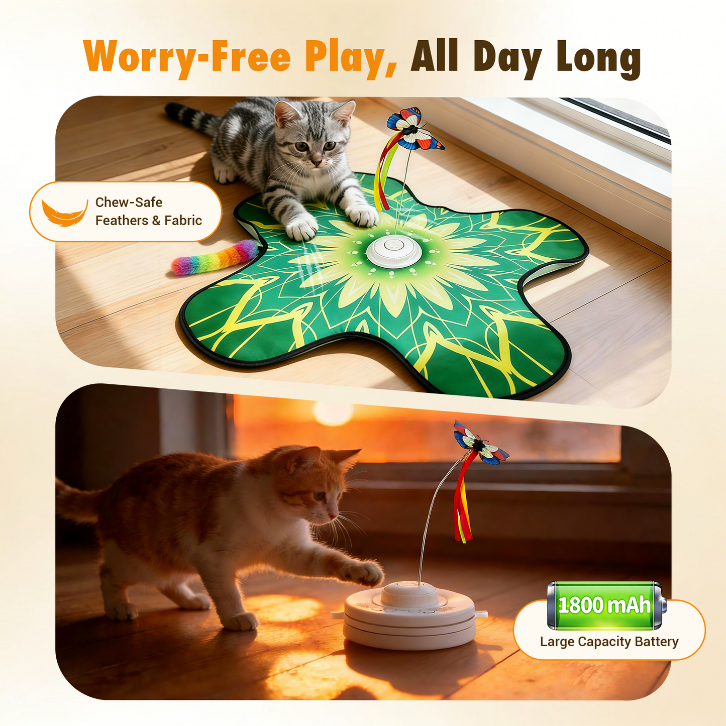 Hide  and Seek Cat Toy Mat, 3-in-1 Interactive Cat Toys for Indoor Cats with  Fluttering Butterfly & Moving Concealed Feathers, 3 Prey Sounds,  Rechargeable Auto Play Mat for Bored Adult Cats & Kittens