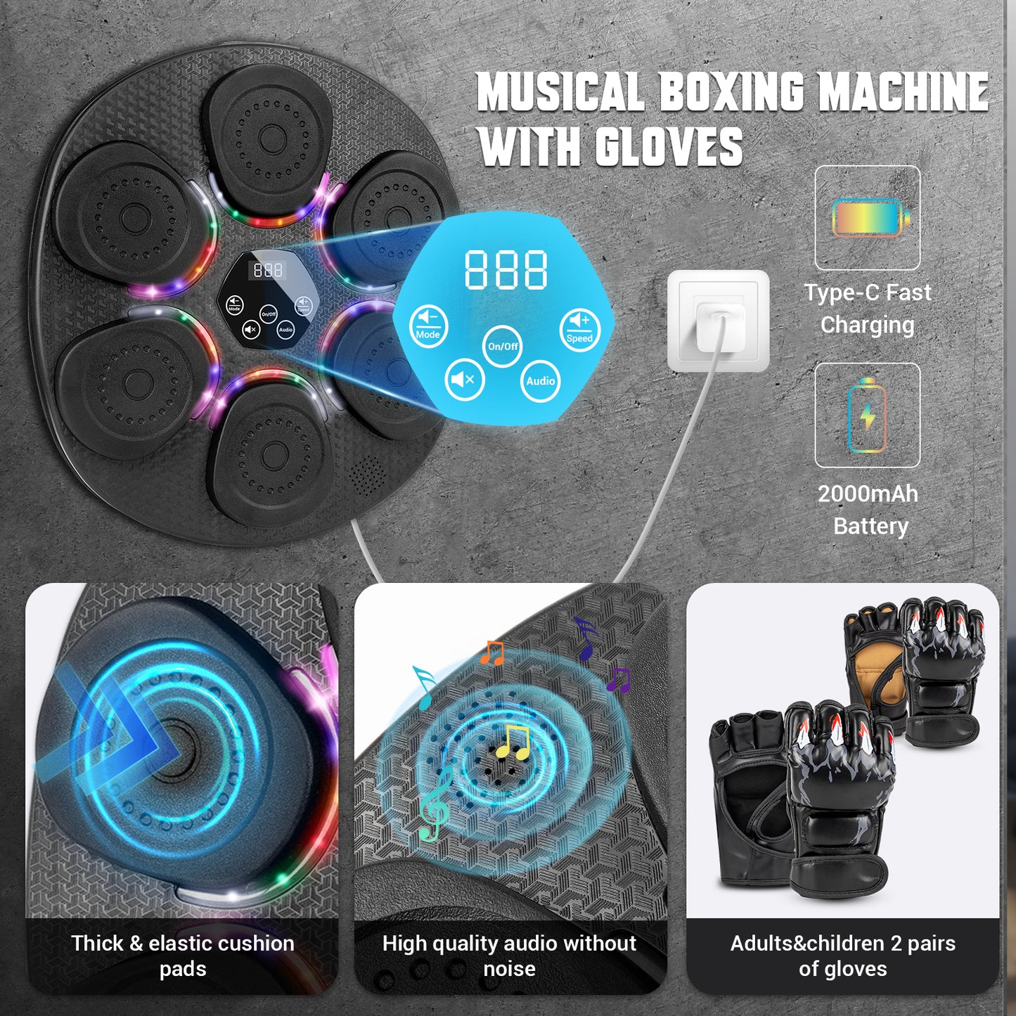 OPDEKEHA Music Boxing Machine for Adults & Kids, Bluetooth Smart Boxing Wall Machine with Gloves, 9 Modes, 6 Speeds & 3 Sensitivity, Electric Light Up Music Punching Machine for Home & Gym