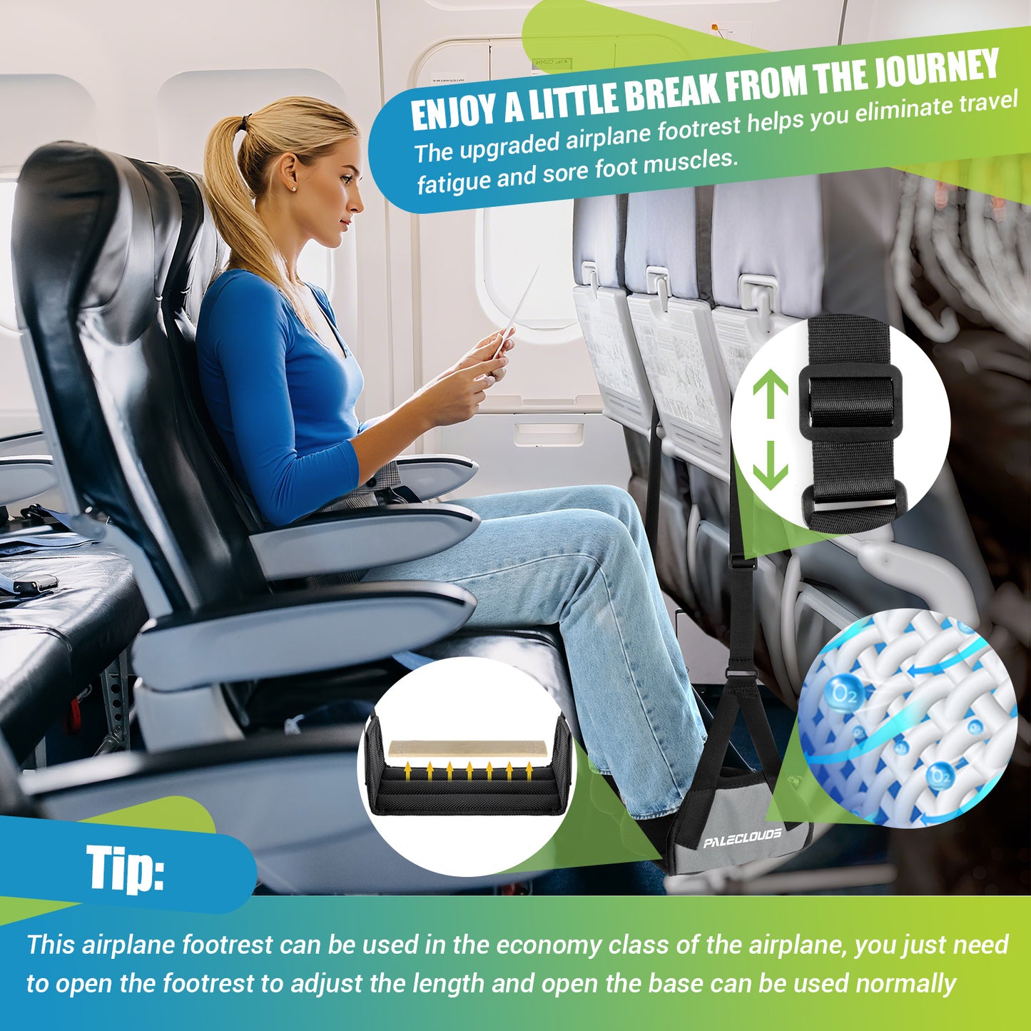 Paleclouds Foot Hammock for Plane Travel, No Collapse Thickened Bamboo Airplane Foot Rest for Long Flight, Desk Foot Hammock with Extended Adjustment Strap to Relax Your Feet, Foot Sling Travel Essentials