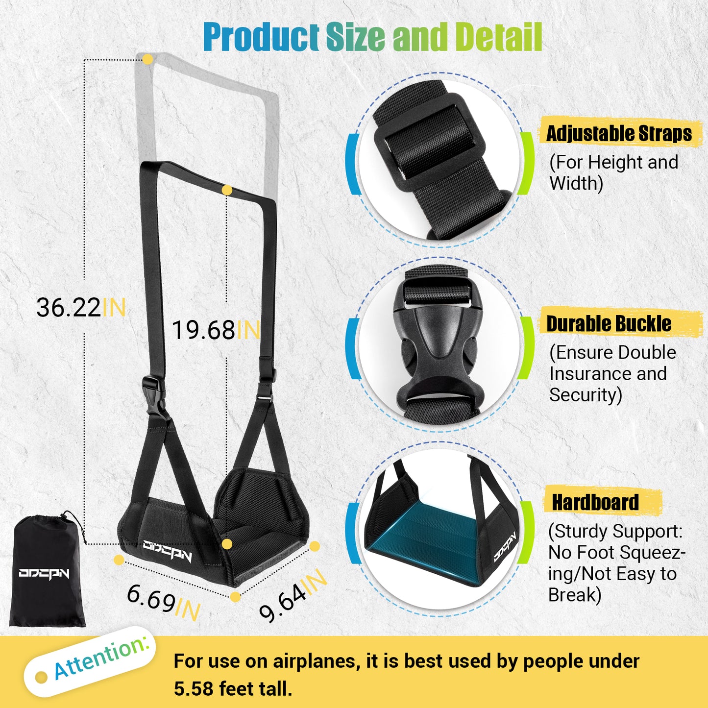 ODCPN 2-Pack Foot Hammock for Plane Travel, No Collapse Thickened Bamboo Airplane Foot Rest with Extended Adjustment Strap, Portable Desk Foot Hammock to Relax Your Feet, Foot Sling Travel Essentials(Black)