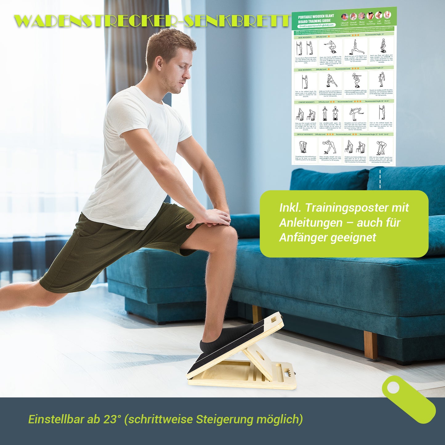 UOPON Wadendehner Schrägbrett aus Holz, Slant Board mit 5 Winkeln und Trainingsposter, Verstellbar Wadenstrecker mit Tragegriff, Mobility Board für Wadenstreckung