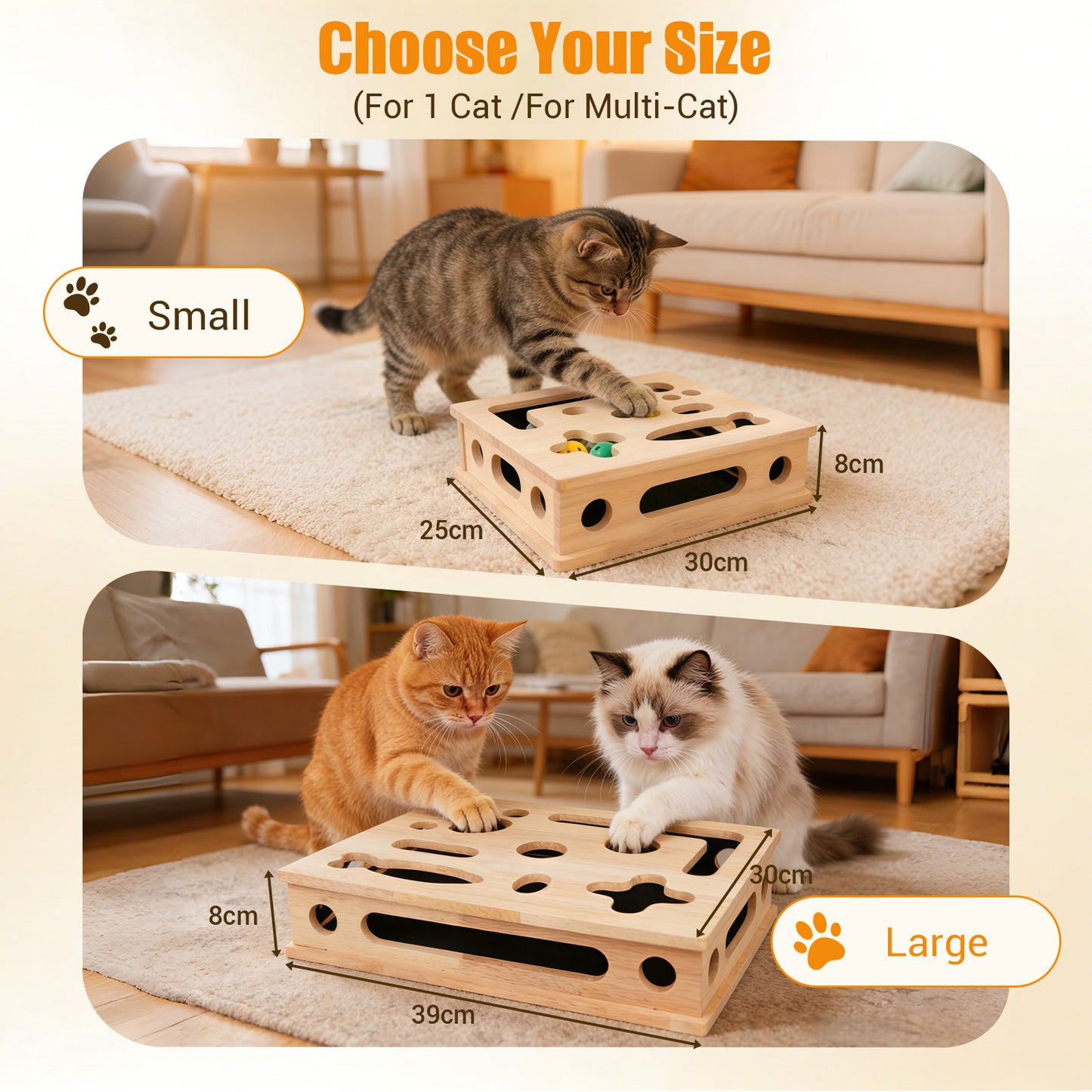 Cat Scratch Puzzle Enrichment Box, Large Solid Wood Cat Nail File Box for Indoor Cats, Interactive Cat Nail File Toy with Sandpaper — Stress-Free Claw Care Alternative (No Bell Ball)(Large)