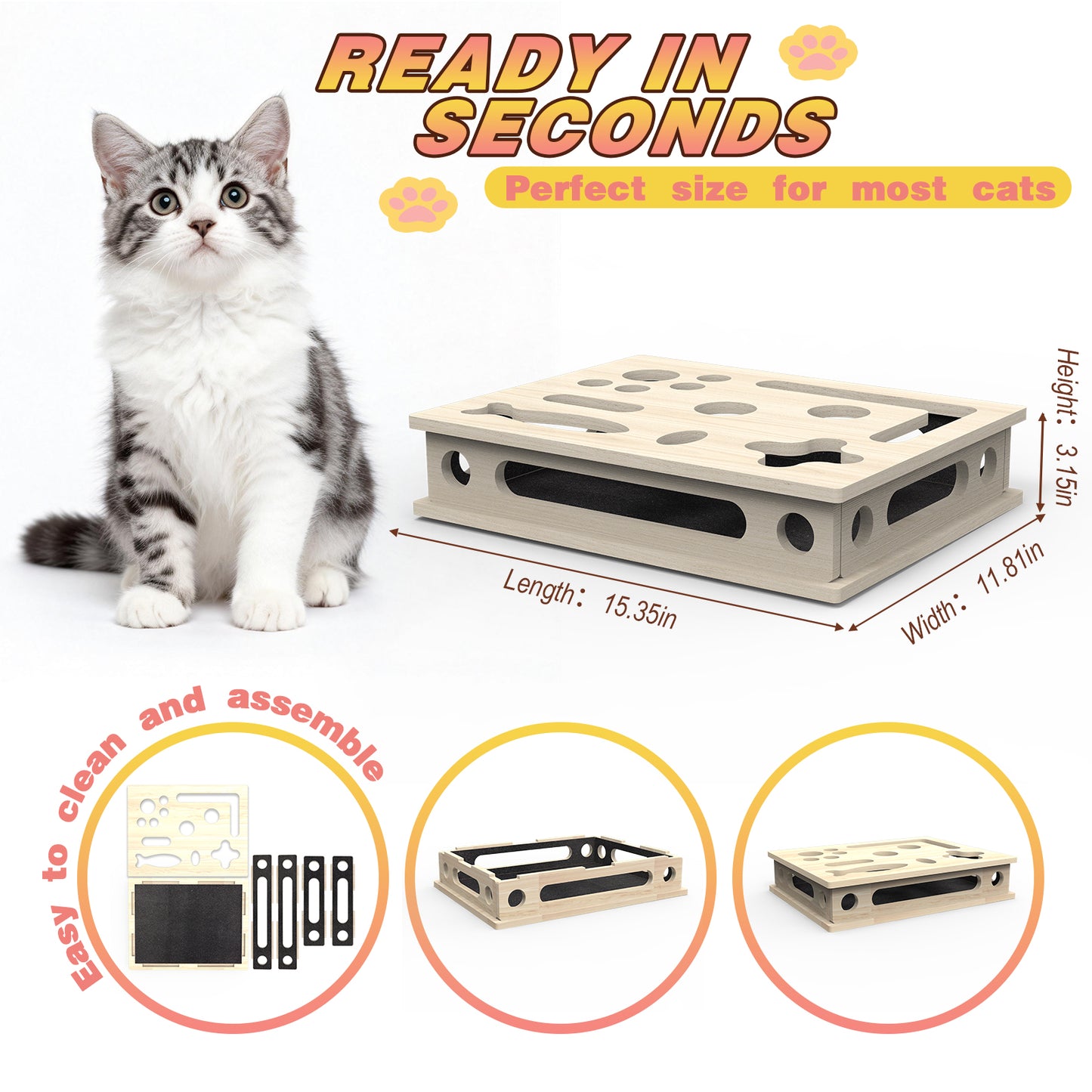 MB MBEAU Cat Scratch Puzzle Enrichment Box, Interactive Cat Nail File Box with Sandpaper Liner for Cat Claw Care, Cat Scratch Puzzle Box - Stress Free Alternative to Clippers & Grinders for Indoor Cats