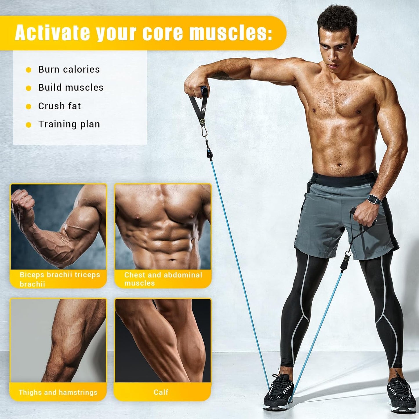 COFOF Resistance Bands Widerstandsbänder Set, 5 Fitnessbänder Expander Tube Bands, Fitnessband mit Großem Griff Knöchelriemen Türankerbefestigung Tragtasche, Ideal für Pilates Krafttraining