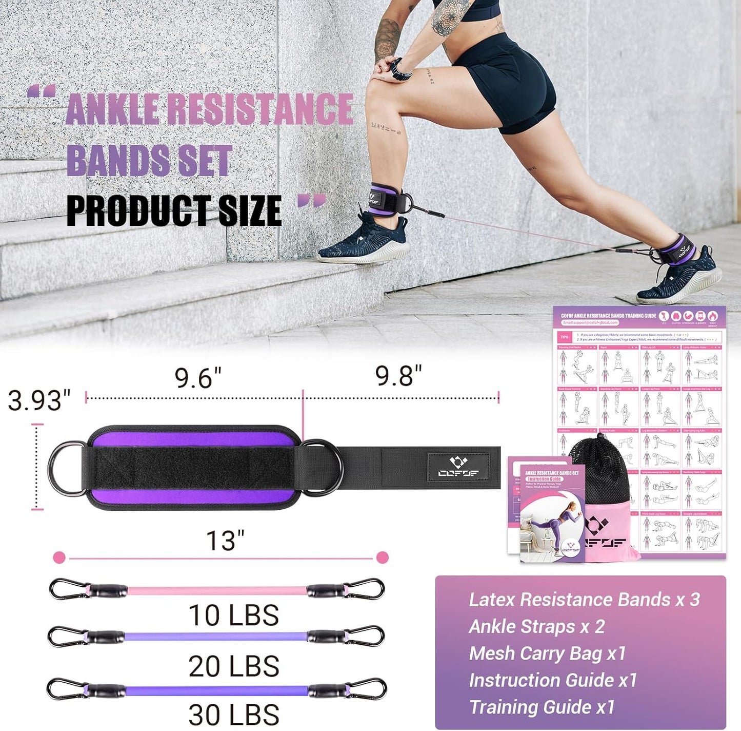 COFOF Ankle Resistance Bands with Cuffs, Ankle Bands for Working Out, Kickbacks Hip, Leg Glute Exercise Equipment with Training Poster, Resistance Workout Equipment for Women