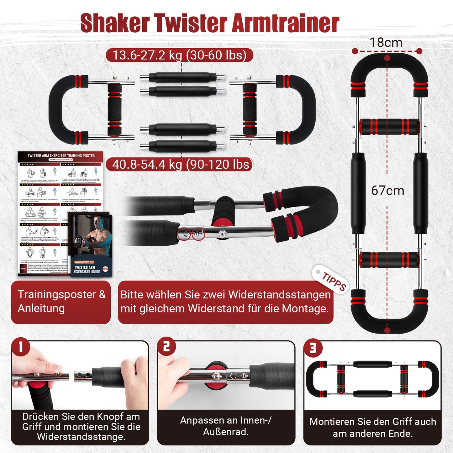 NOONCRAZY Twister Armtrainer, 13-27kg Verstellbarer Brustmuskel Trainingsgeräte für Zuhause, Arm Chest Trainer mit Poster für Männer & Frauen, Brustmuskeltrainer zur Verbesserung der Oberkörpermuskulatur