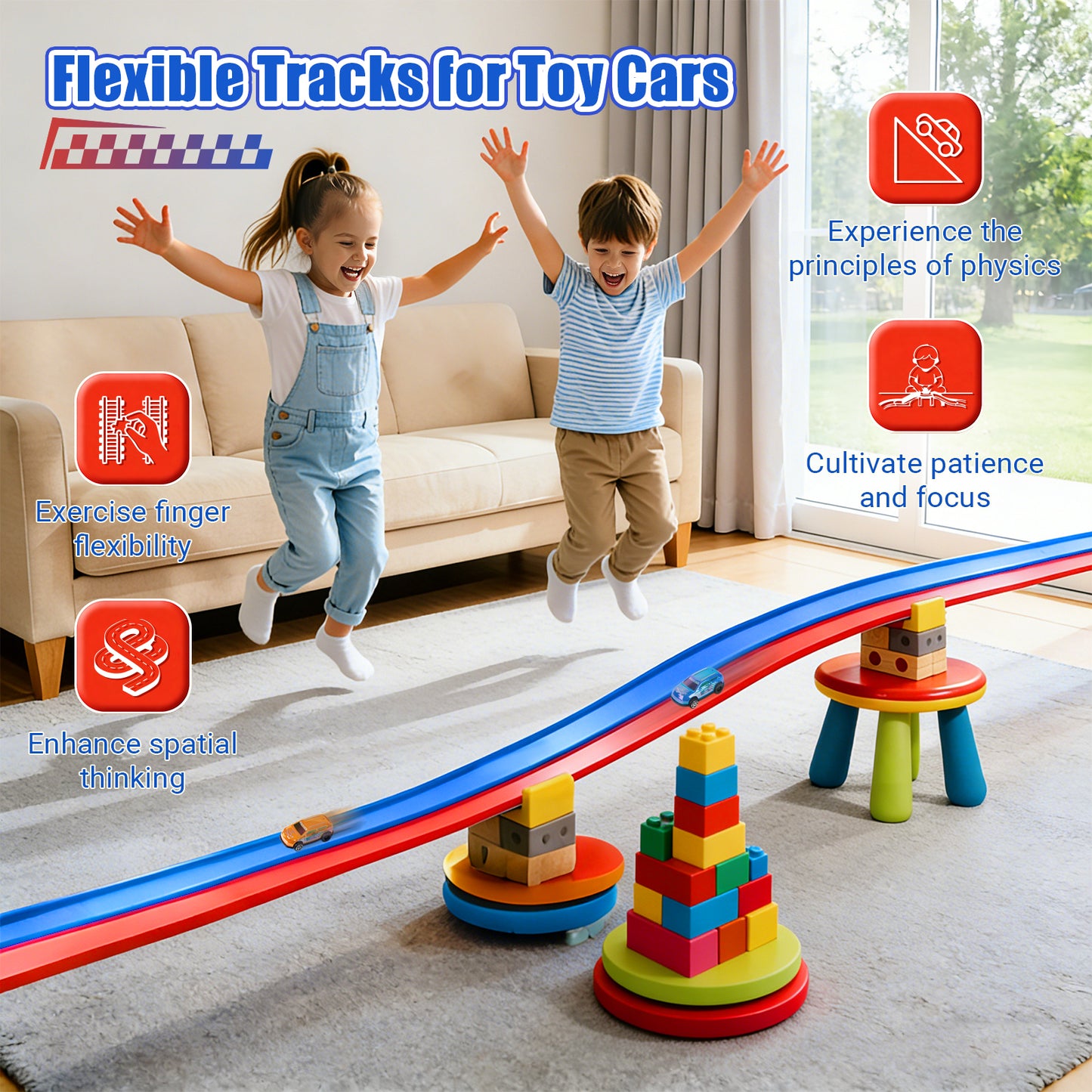 OPDEKEHA Flexible Race Track for Kids, 16.4FT Flexible Race Track with 2 Strong Screw Suction Cup & 4 Pull-Back Toy Cars, Portable DIY Flexible Racing Track Compatible with Diecast 1/64th Cars