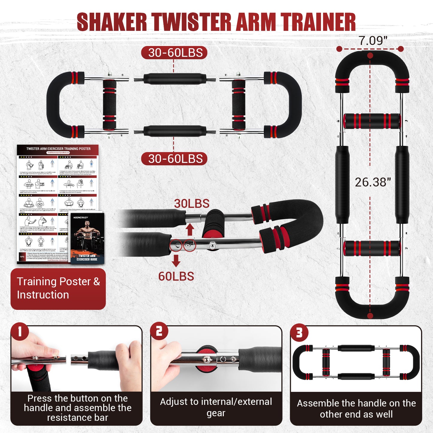 nooncrazy Twister Arm Trainer, 30-60lbs Adjustable Chest Exerciser, Arm Trainer with Training Poster for Men, Detachable Arm Exercise Chest Workout Home Fitness Equipment for Enhancing Upper Body Muscle