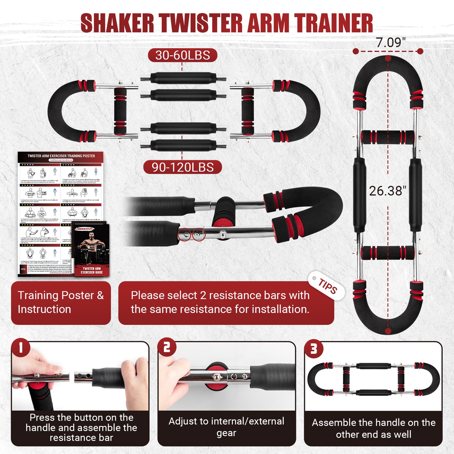 NOONCRAZY Twister Arm Trainer, 30-120 lbs Adjustable Twister Arm Chest Exerciser with 4 Spring & Poster for Men & Women, Detachable Power Twister Home Fitness Equipment for Enhancing Upper Body Muscle