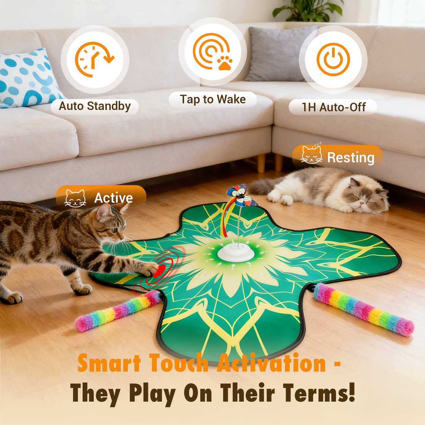 Hide  and Seek Cat Toy Mat, 3-in-1 Interactive Cat Toys for Indoor Cats with  Fluttering Butterfly & Moving Concealed Feathers, 3 Prey Sounds,  Rechargeable Auto Play Mat for Bored Adult Cats & Kittens
