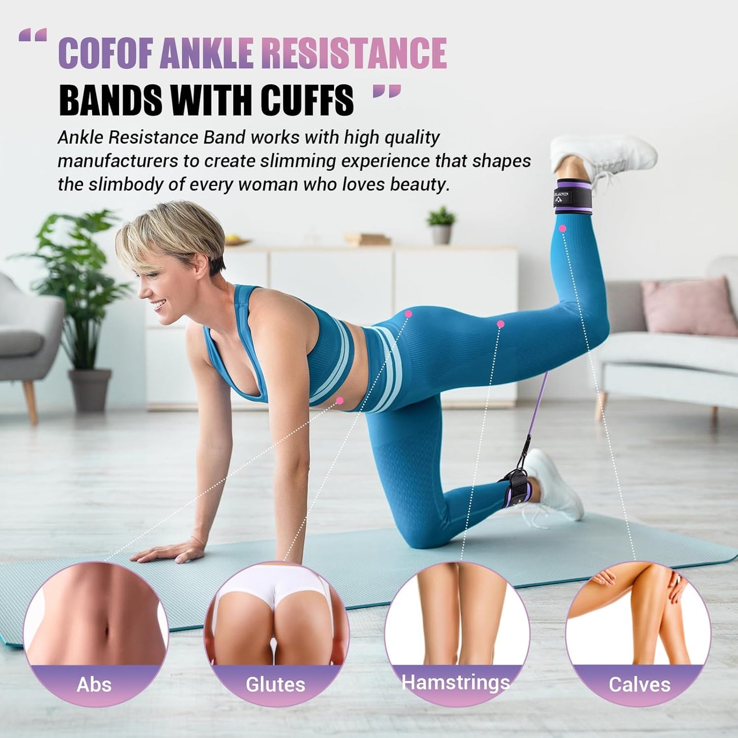 COFOF Ankle Resistance Bands with Cuffs, Ankle Bands for Working Out, Kickbacks Hip, Leg Glute Exercise Equipment with Training Poster, Resistance Workout Equipment for Women