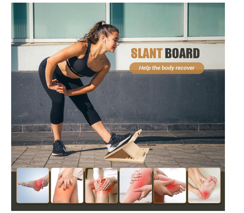 Slant Board, Adjustable Portable Wooden Stretch Mobility Board for Calf Stretcher with Training Poster & 2 TPE Bands, 300lb Weight Capacity Calf Stretch Wedge (Black)