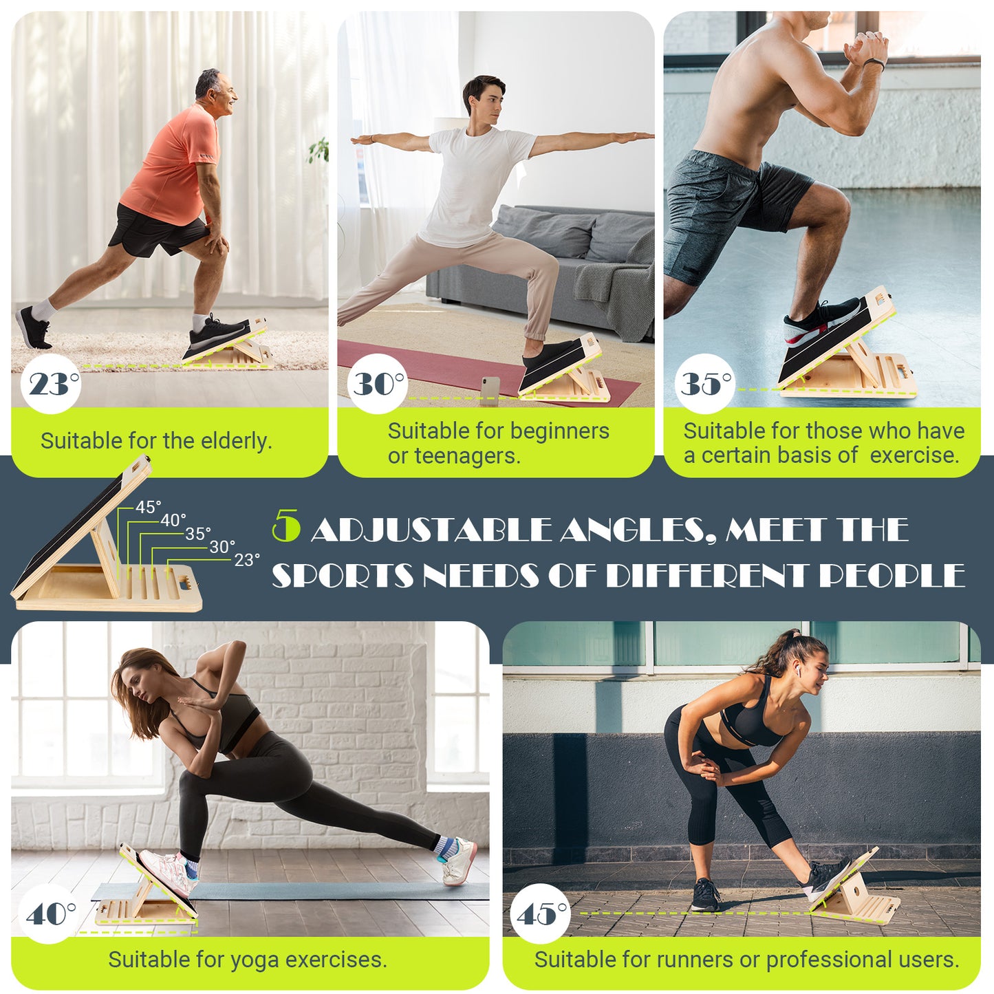 UOPON Wadendehner Schrägbrett aus Holz, Slant Board mit 5 Winkeln und Trainingsposter, Verstellbar Wadenstrecker mit Tragegriff, Mobility Board für Wadenstreckung