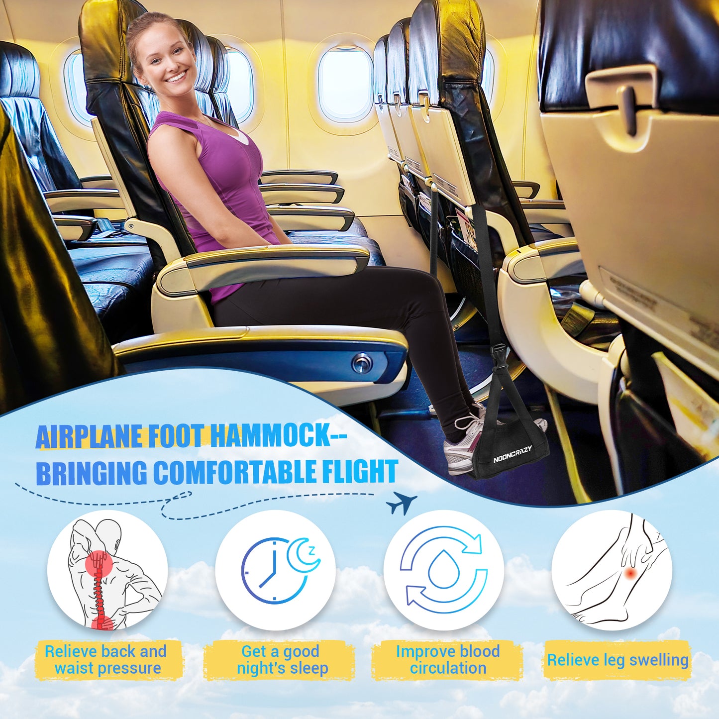 NOONCRAZY Airplane Foot Hammock, No Collapse Foot Rest for Plane Travel with Extended Adjustment Strap, Portable Desk Foot Hammock with Thickened Foam, Foot Sling Travel Essentials to Relax Your Feet