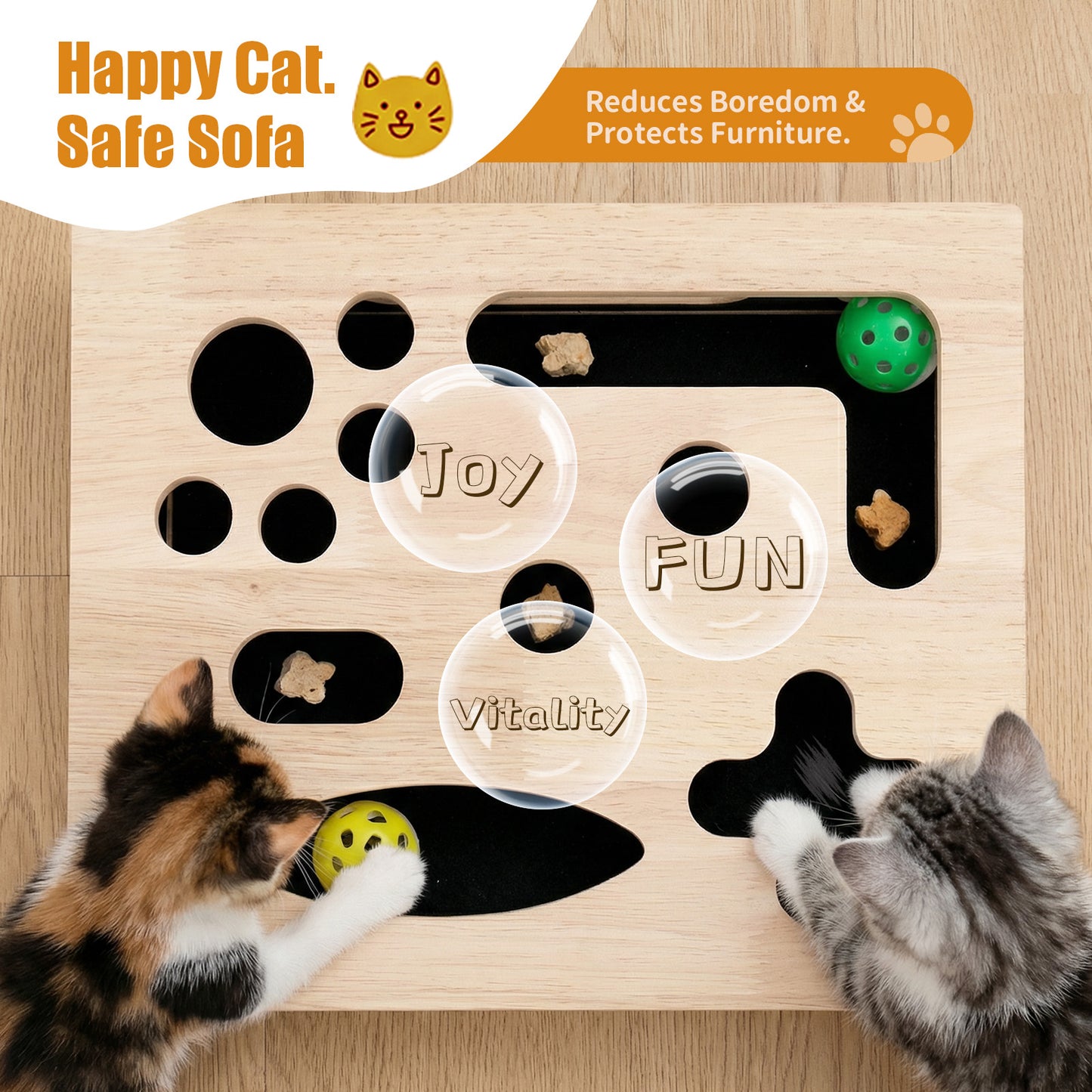 Cat Scratch Puzzle Enrichment Box, Large Solid Wood Cat Nail File Box for Indoor Cats, Interactive Cat Nail File Toy with Sandpaper — Stress-Free Claw Care Alternative (No Bell Ball)(Large)