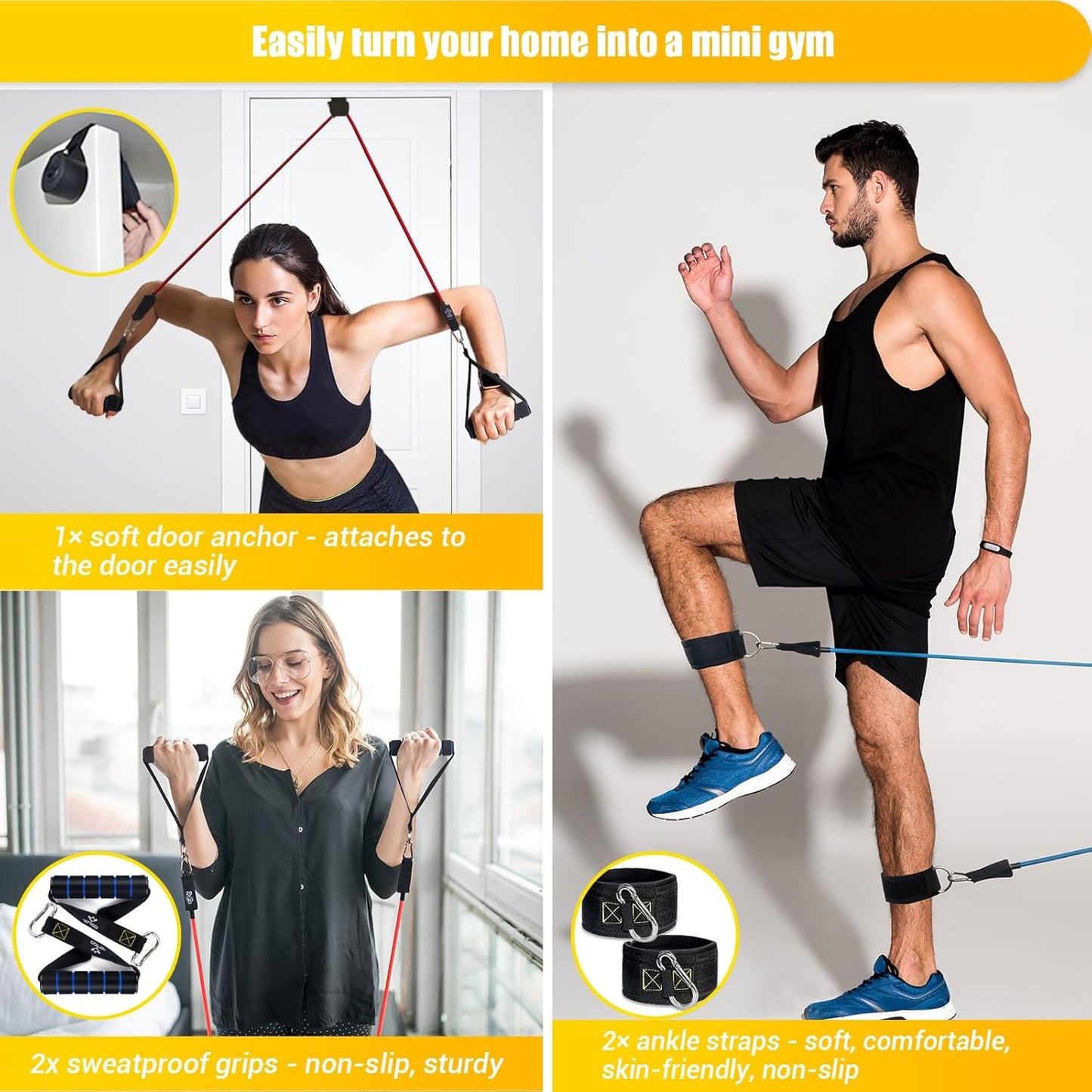 COFOF Resistance Bands Widerstandsbänder Set, 5 Fitnessbänder Expander Tube Bands, Fitnessband mit Großem Griff Knöchelriemen Türankerbefestigung Tragtasche, Ideal für Pilates Krafttraining