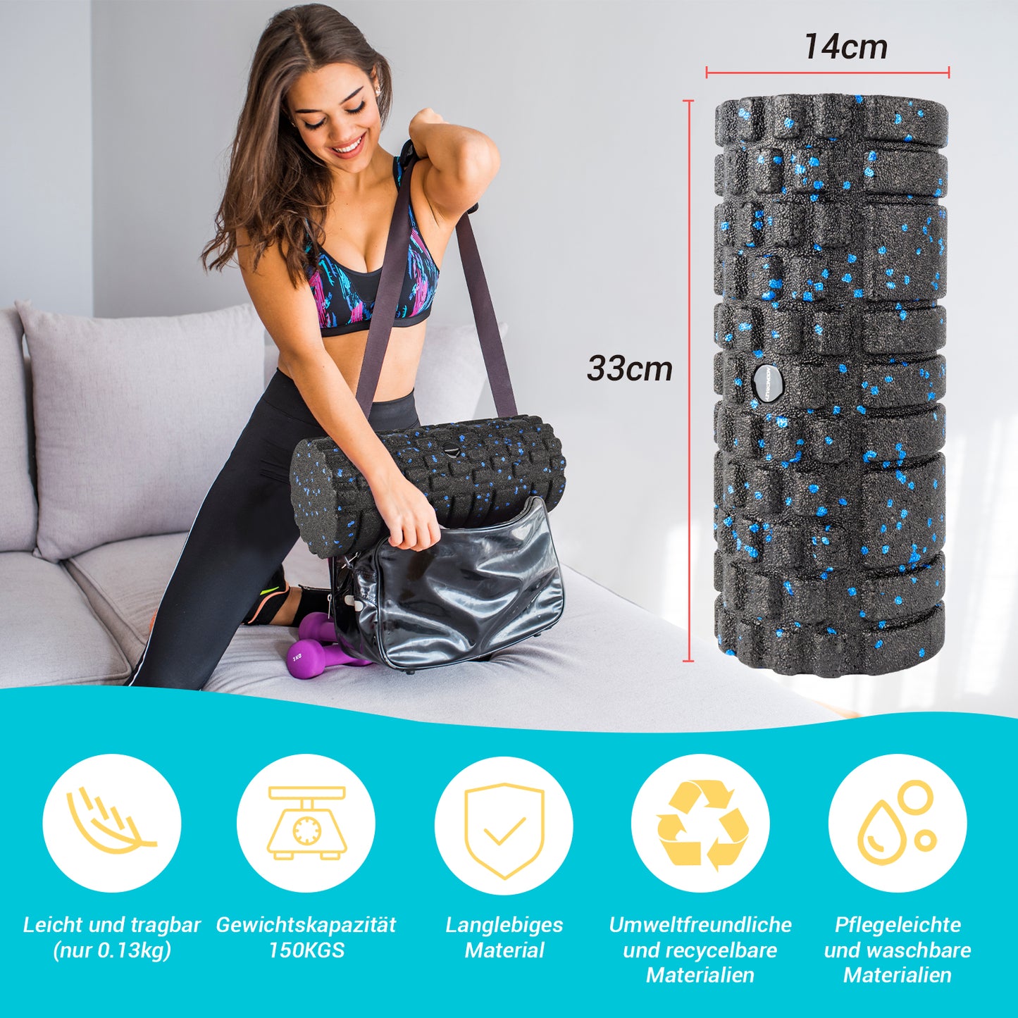 nooncrazy Faszienrolle mit 3D-Texturmassage, Foam Roller(33cm x 14cm) zur Muskelverspannungen lindern, mittlere Härte Selbstmassage Fazienrolle für rücken wirbelsäule Rücken Beine(Schwarz-blau)