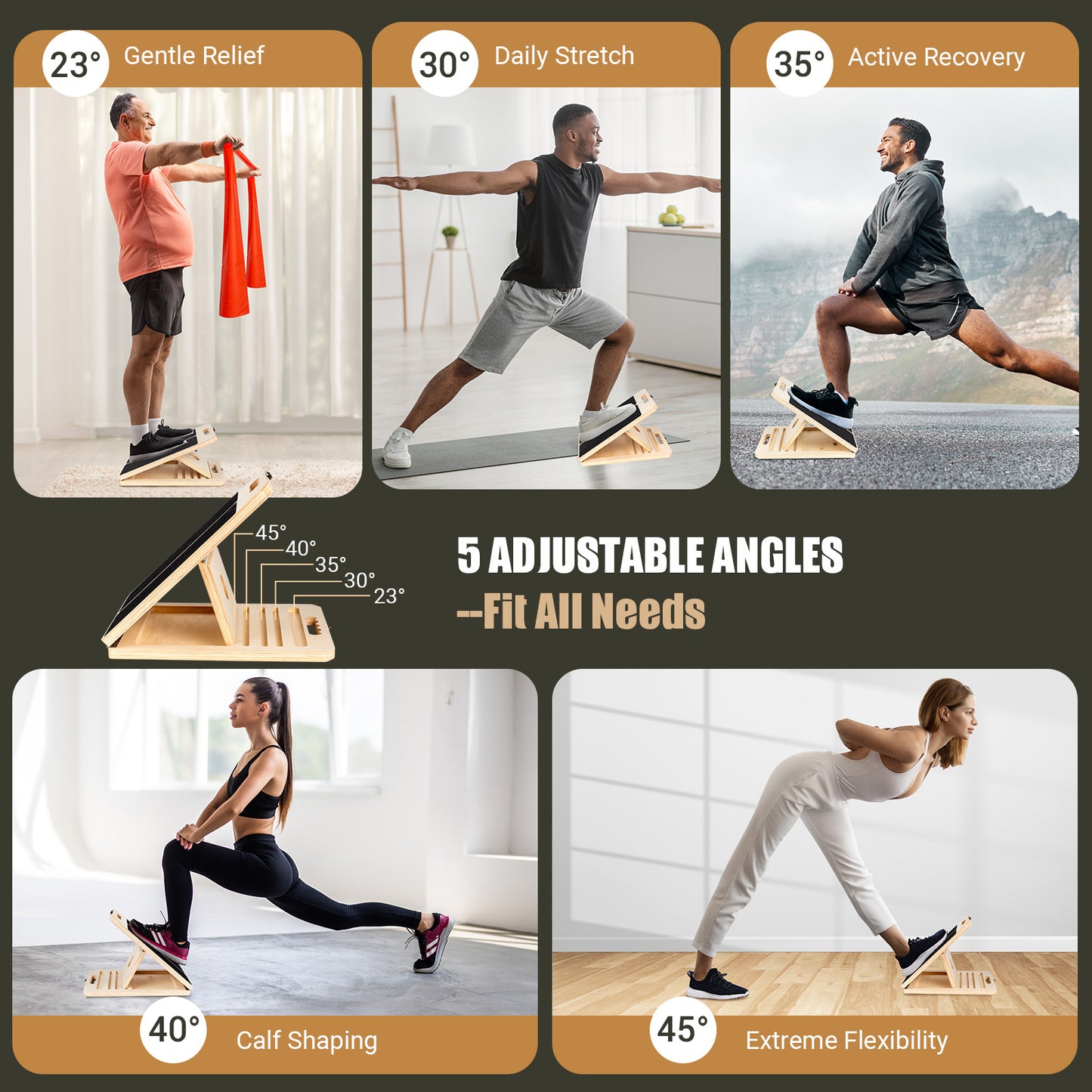 ODCPN Wooden Slant Board for Calf Stretching, Portable Adjustable Calf Stretch Board with Training Poster & Resistance Bands, 300lb Weight Capacity Calf Ankle Achilles Physical Therapy Leg Exercisers