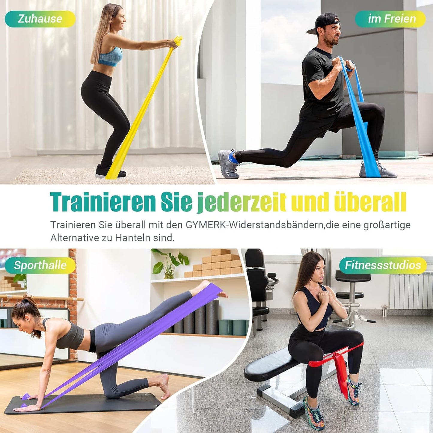GYMERK Fitnessbänder Set 4er, 1.8M/2M Fitnessband, 4 Widerstandsstufen mit Übungsposter, Gymnastikband mit Tragetasche & Übungsanleitung, Ideal für Yoga, Pilates, Muskelaufbau