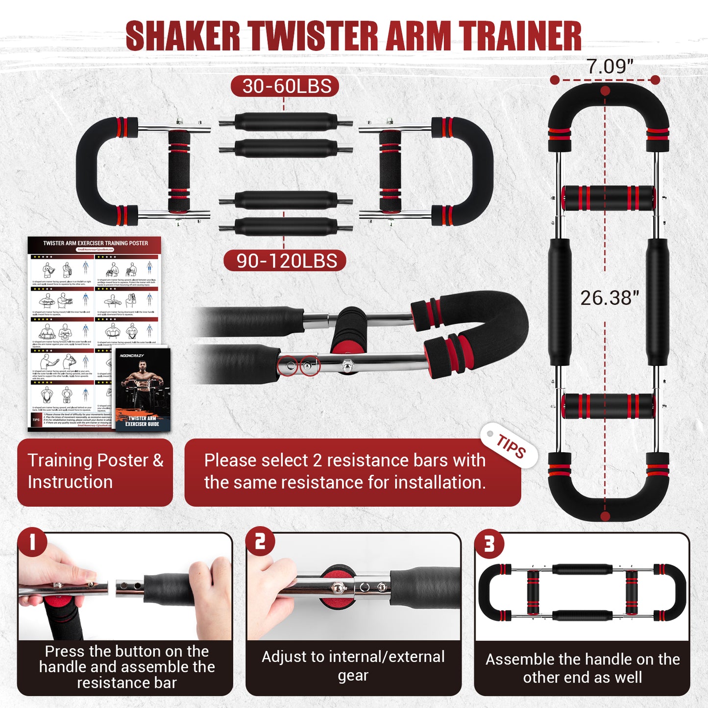 nooncrazy Twister Arm Trainer, 30-120lbs Adjustable Chest Exerciser, Arm Trainer with Training Poster for Men, Detachable Chest Workout Home Fitness Equipment for Enhancing Upper Body Muscle