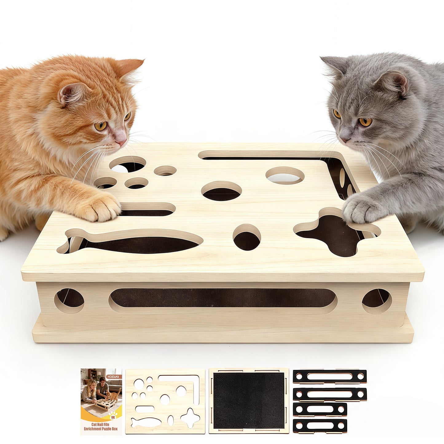 Cat Scratch Puzzle Enrichment Box, Large Solid Wood Cat Nail File Box for Indoor Cats, Interactive Cat Nail File Toy with Sandpaper — Stress-Free Claw Care Alternative (No Bell Ball)(Large)