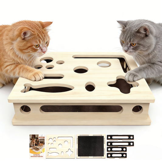 Cat Scratch Puzzle Enrichment Box, Large Solid Wood Cat Nail File Box for Indoor Cats, Interactive Cat Nail File Toy with Sandpaper — Stress-Free Claw Care Alternative (No Bell Ball)(Large)