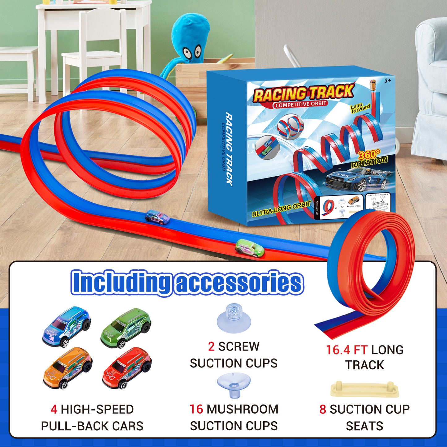 OPDEKEHA Flexible Race Track for Kids, 16.4FT Flexible Race Track with 2 Strong Screw Suction Cup & 4 Pull-Back Toy Cars, Portable DIY Flexible Racing Track Compatible with Diecast 1/64th Cars