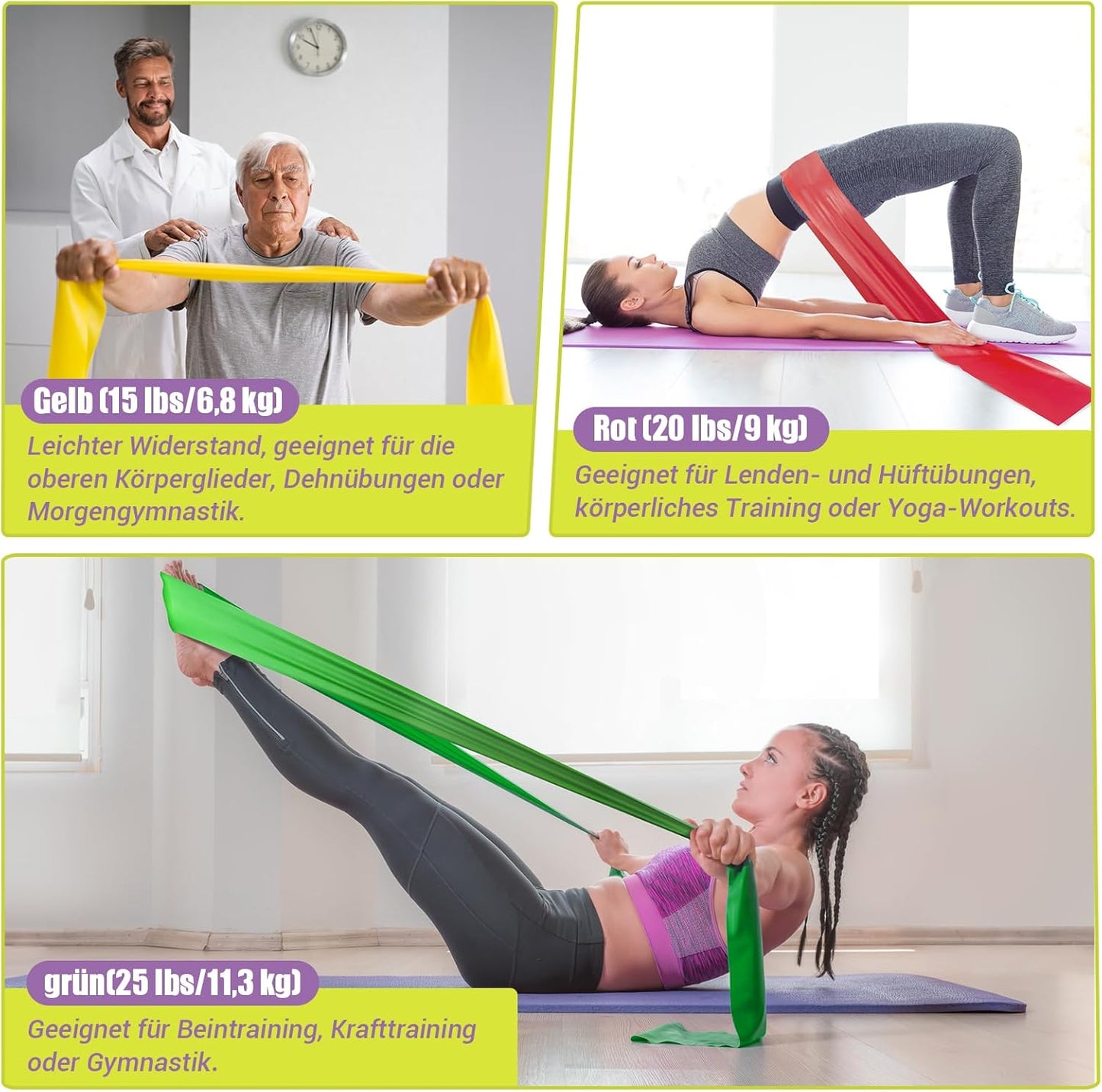 GYMERK Fitnessbänder 3er-Set, 1.8m Gymnastikband mit 3 Widerstandsstufen, Fitnessband mit Übungsanleitung, ideal für Yoga, Pilates, Krafttraining