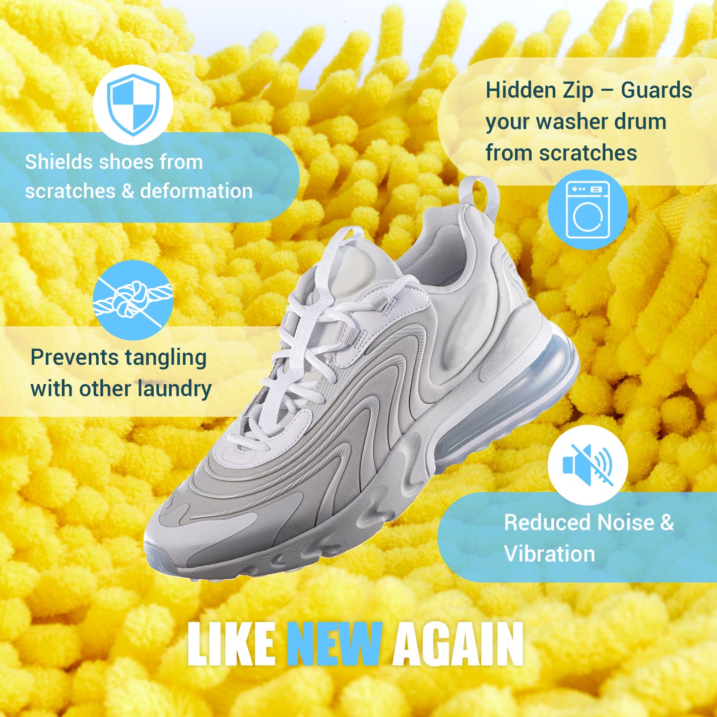 COCTN Shoe Washing Machine Bag, 2 PC Reusable XXL Shoes Laundry Bag for Washer & Dryer with Concealed Heavy-Duty Zipper to Protects Shoes & Machine, Cleaning Bag for Sneakers & Tennis Shoe(Yellow)