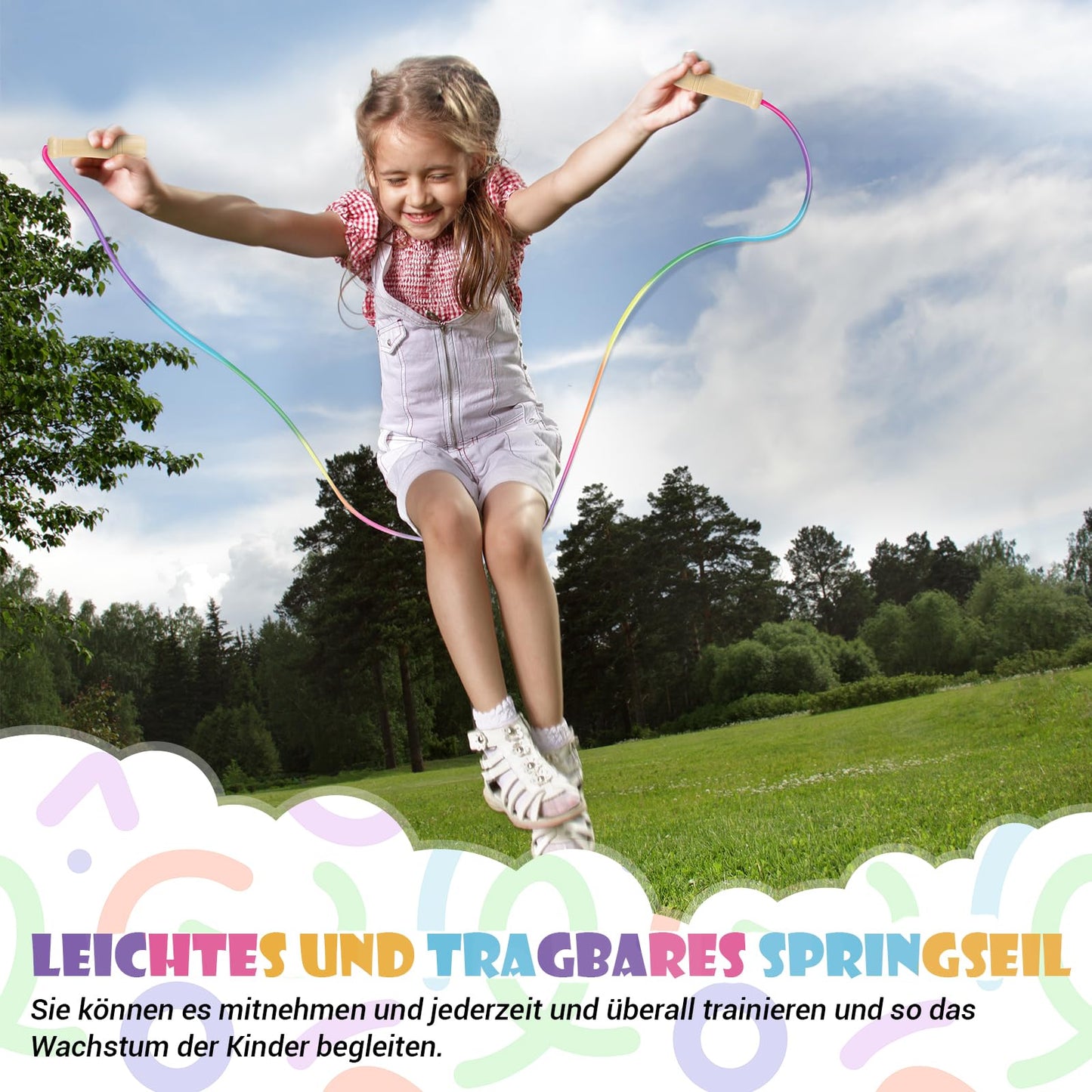 Paleclouds Springseil Kinder, Verstellbare Seilspringen für Fitness, 250CM Jump Rope Kinder mit Holzgriff und Regenbogen-Springseil, Skipping Rope Kids für Jungen und Mädchen 4 5 6 7 8 9 10 jahre