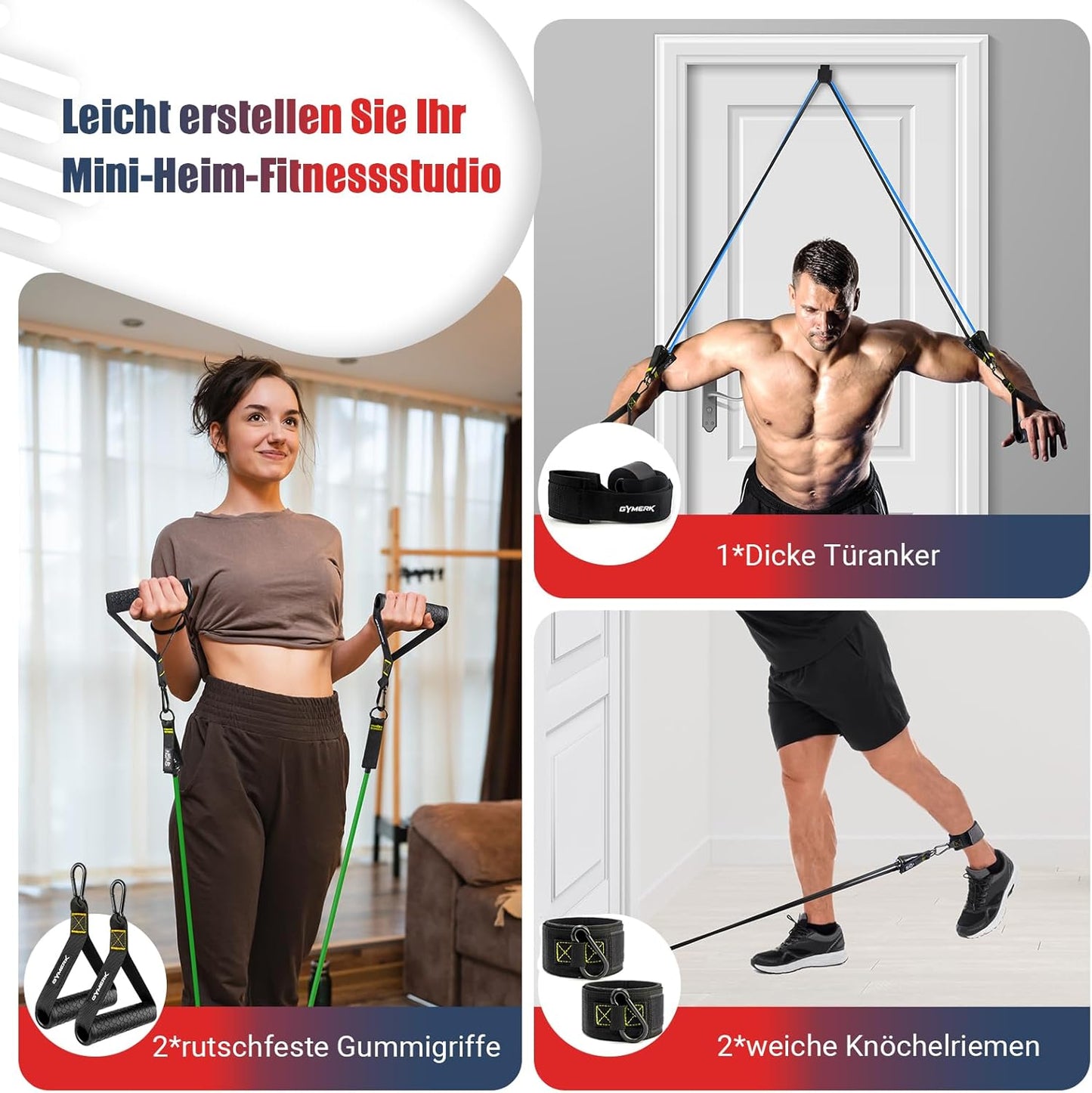 GYMERK Resistance Bands Set, Expander Fitness Mit Gummigriffe, Trainingsplakat, Knöchelriemen, Türanker, Tragtasche, 5er Verschiedene Widerstandsstufen Ideal für Krafttraining