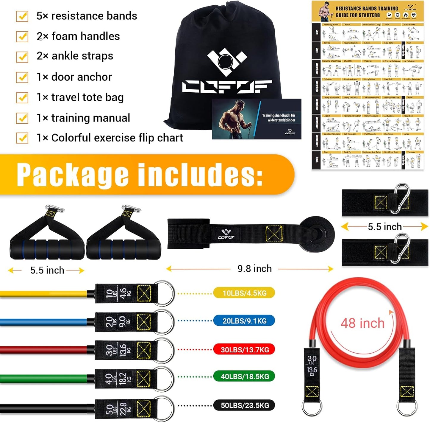 COFOF Resistance Bands Widerstandsbänder Set, 5 Fitnessbänder Expander Tube Bands, Fitnessband mit Großem Griff Knöchelriemen Türankerbefestigung Tragtasche, Ideal für Pilates Krafttraining