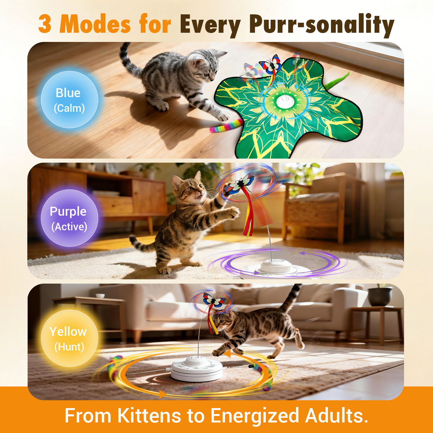 Hide  and Seek Cat Toy Mat, 3-in-1 Interactive Cat Toys for Indoor Cats with  Fluttering Butterfly & Moving Concealed Feathers, 3 Prey Sounds,  Rechargeable Auto Play Mat for Bored Adult Cats & Kittens