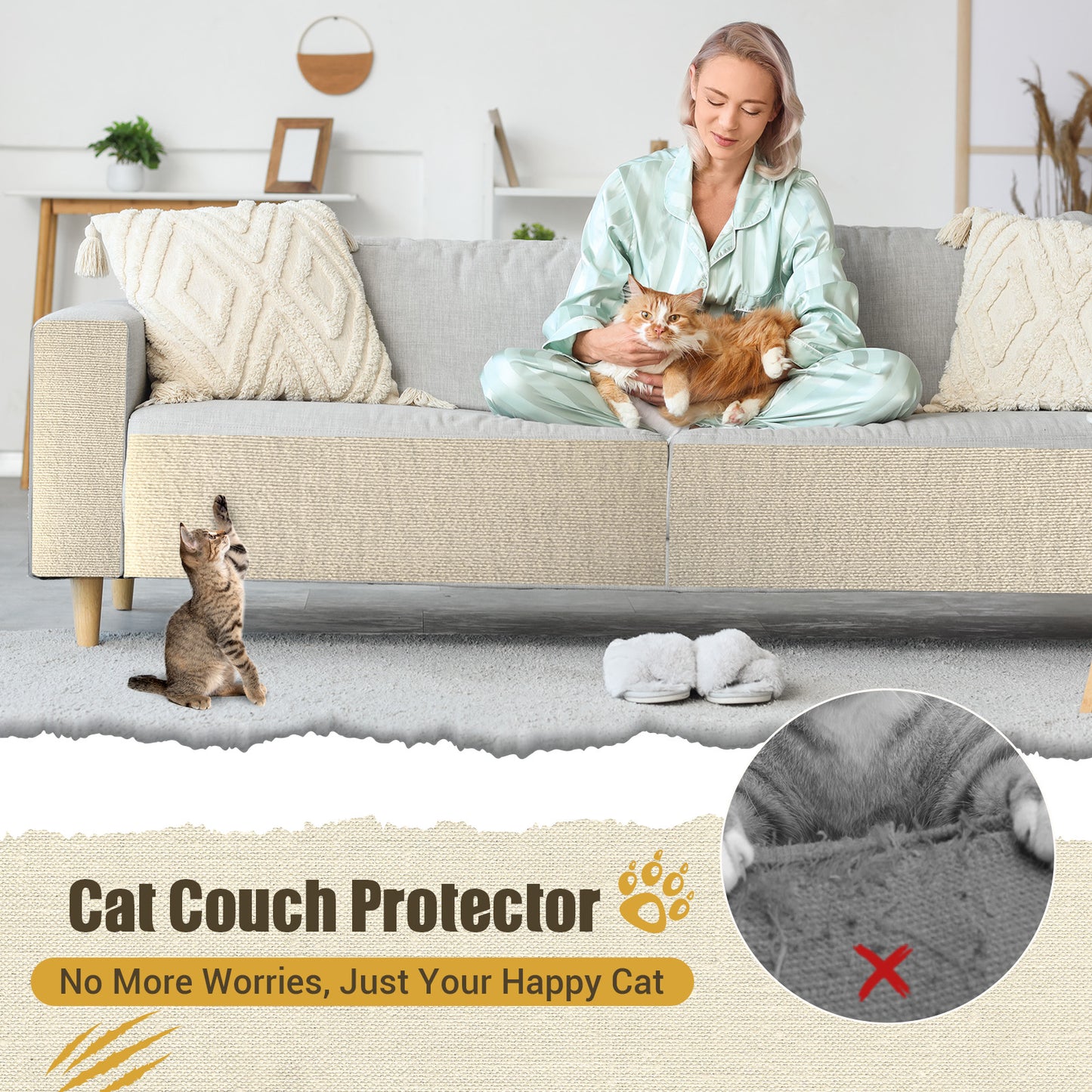 Cat Scratch Couch Furniture Protector, 90" x 16" Trimmable Anti-Scratch Couch Protector from Cat Claws with Double Self-Adhesive Carpet, Great for Sofa & Indoor Wooden Furniture (Off White)