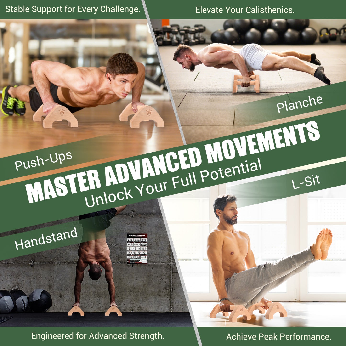 COCTN Wooden Push Up Bars, 2 PCS Solid Beech Wooden Parallettes with Embedded Non-slip Feet & Training Poster for Floor, Push Up Stands for Men Strength Training, Planks, Calisthenics & Home Gym Workout