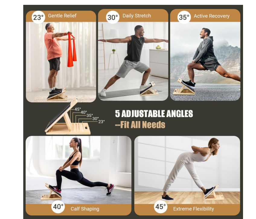 Wadendehner Schrägbrett aus Holz, 5 Winkeln Slant Stretch Board mit Trainingsposter und 2 Widerstandsbändern, Verstellbar Wadenstrecker mit Tragegriff, Mobility Balance Board, Schräges Brett (Black)