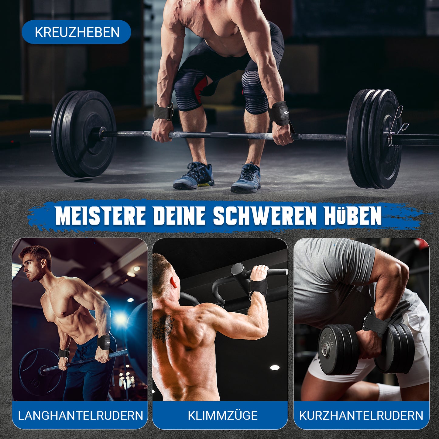 UOPON Zughilfen Krafttraining, 2-in-1 Lifting Straps mit Doppel-D-Ring, Anti-Rutsch Zughilfen für Bodybuilding, Kreuzheben, Kabelzugübungen und Fitness - Gym Zughilfen für Herren