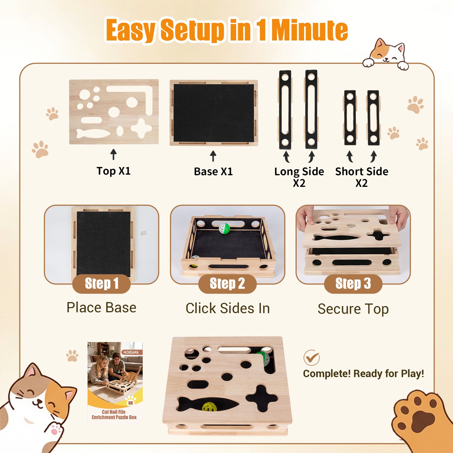 Cat Scratch Puzzle Enrichment Box, Large Solid Wood Cat Nail File Box for Indoor Cats, Interactive Cat Nail File Toy with Sandpaper — Stress-Free Claw Care Alternative (No Bell Ball)(Large)