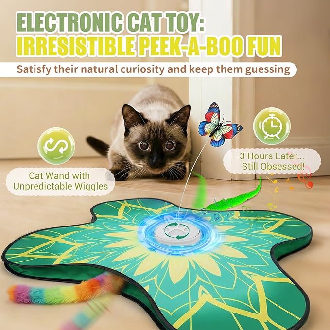 WAPUZPZ Rechargeable Interactive Cat Play Mat, Automatic Touch Cat Toy with Dual Wands & Suction Cups