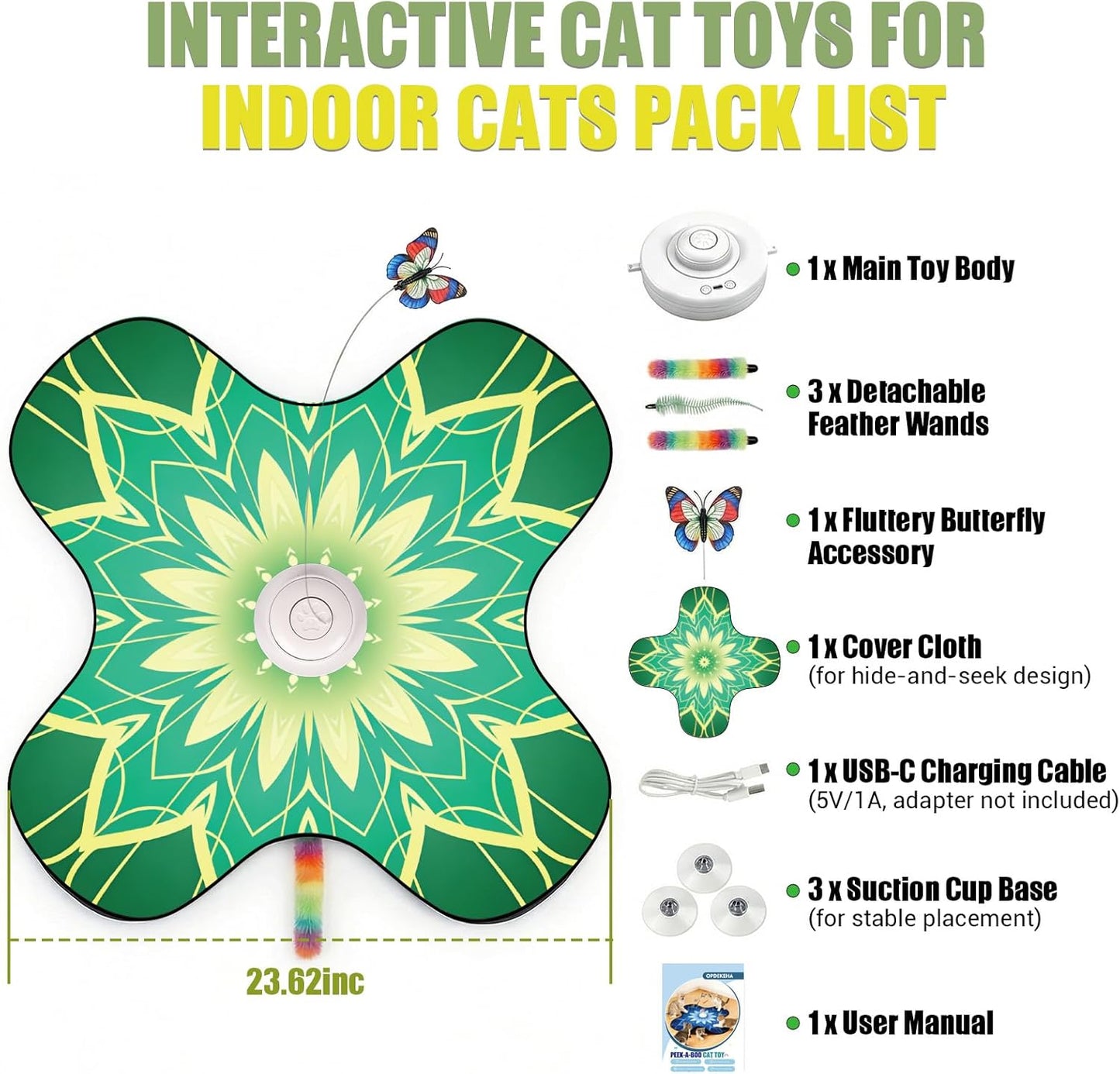 WAPUZPZ Rechargeable Interactive Cat Play Mat, Automatic Touch Cat Toy with Dual Wands & Suction Cups