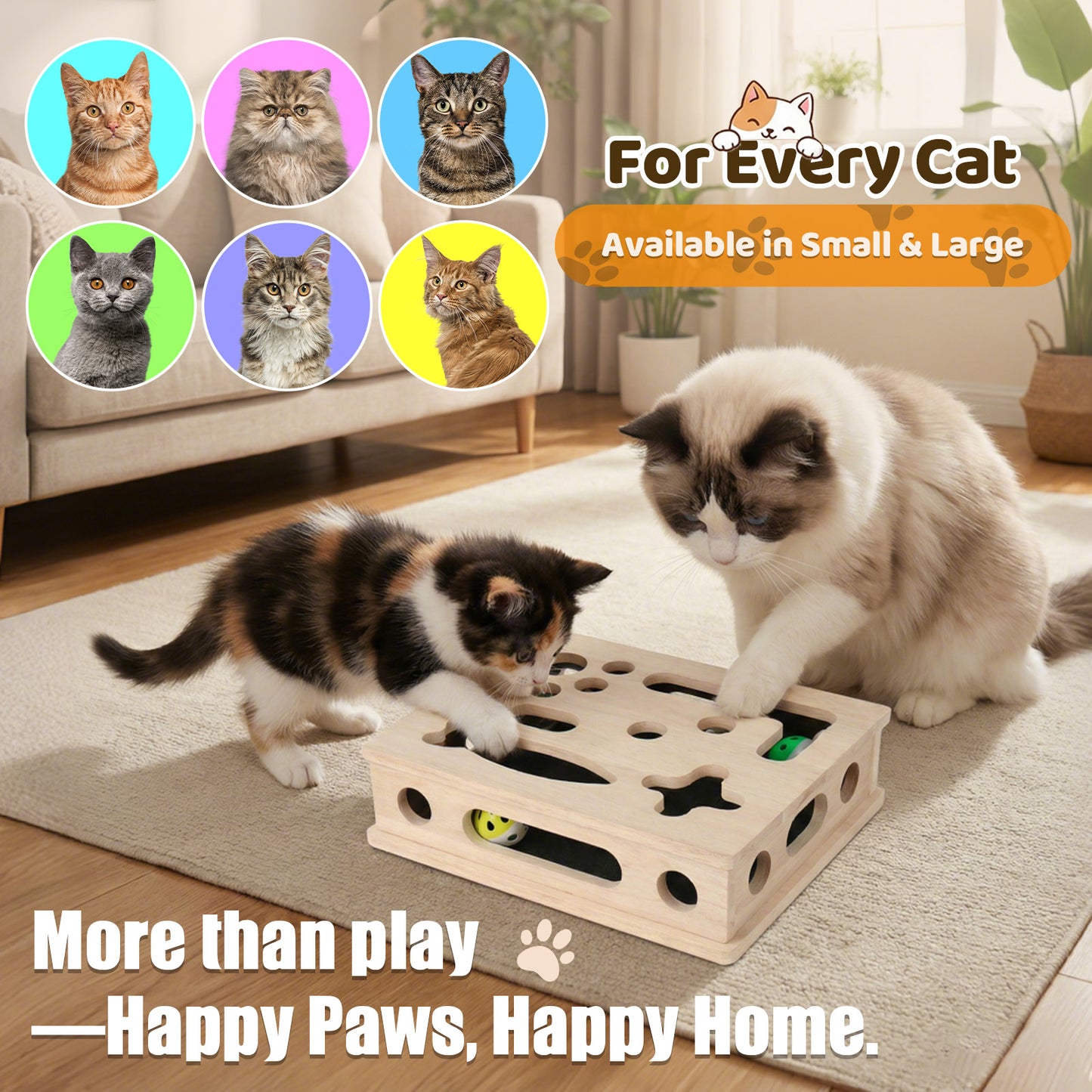 Cat Scratch Puzzle Enrichment Box, Large Solid Wood Cat Nail File Box for Indoor Cats, Interactive Cat Nail File Toy with Sandpaper — Stress-Free Claw Care Alternative (No Bell Ball)(Large)