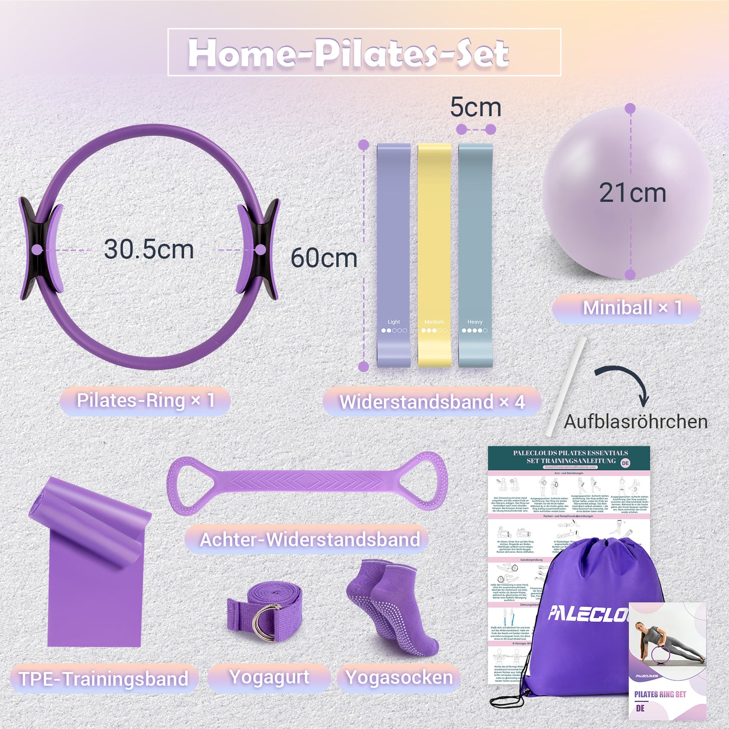 Paleclouds Pilates Set für Zuhause, Pilates Ring und Ball Set mit 12"/30 cm Yoga Circle, Miniball, 3 Fitnessbänders, Trainingsposter & Tragbare Tasche, Pilates Kit für Homeworkout Equipment Frauen, Workout