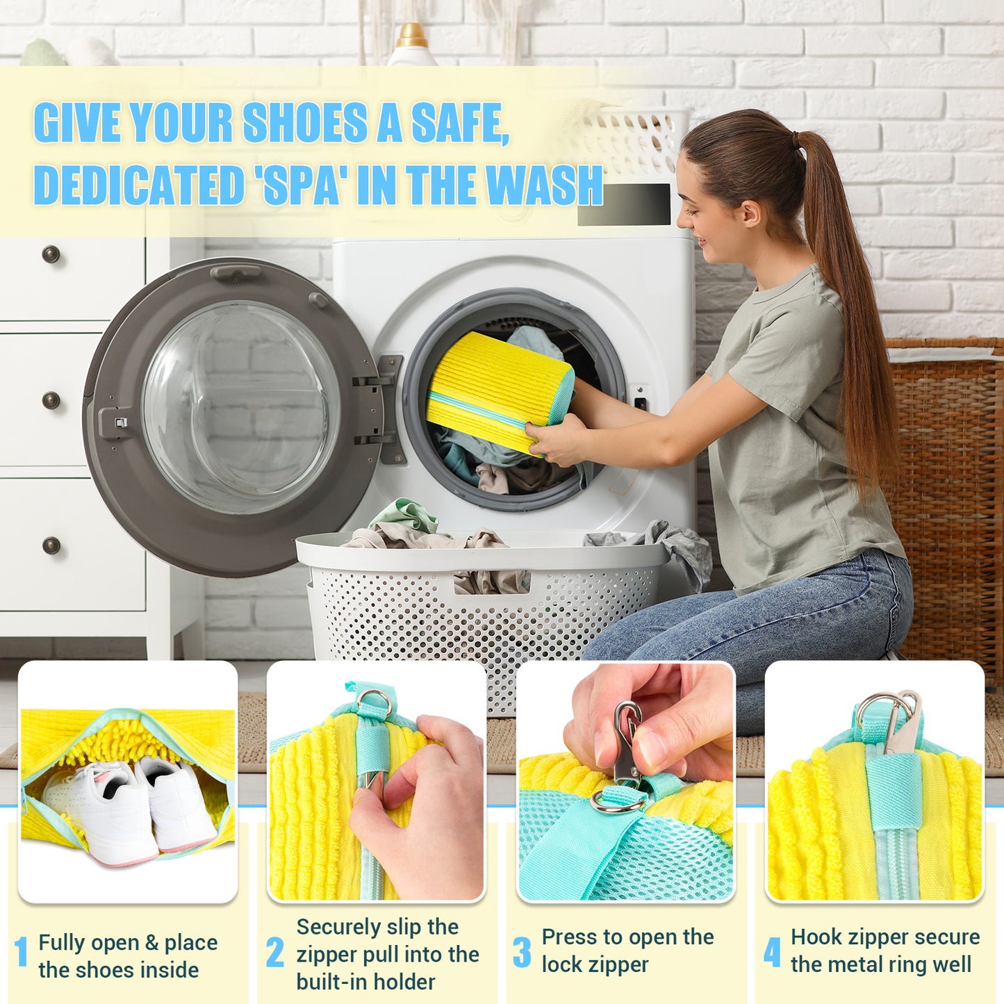 COCTN Shoe Washing Machine Bag, 2 PC Reusable XXL Shoes Laundry Bag for Washer & Dryer with Concealed Heavy-Duty Zipper to Protects Shoes & Machine, Cleaning Bag for Sneakers & Tennis Shoe(Yellow)