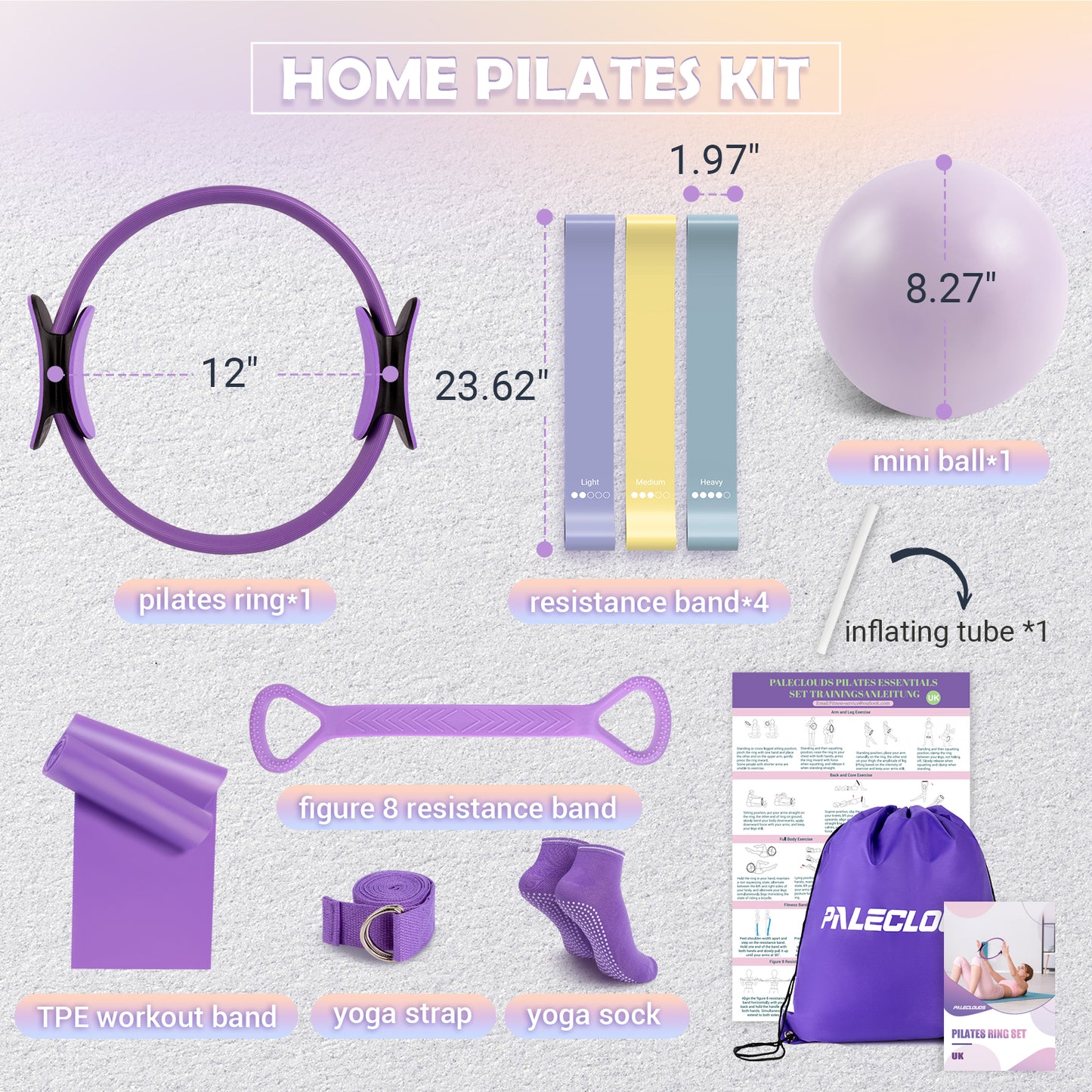 Paleclouds Pilates Equipment, Home pilates Kit for Women with 12" Pilates Ring and Ball Set, 3 Bands and Training Poster & Portable Bag Yoga Set, Pilates Starter Kit for Women Strength and Full Body Toning