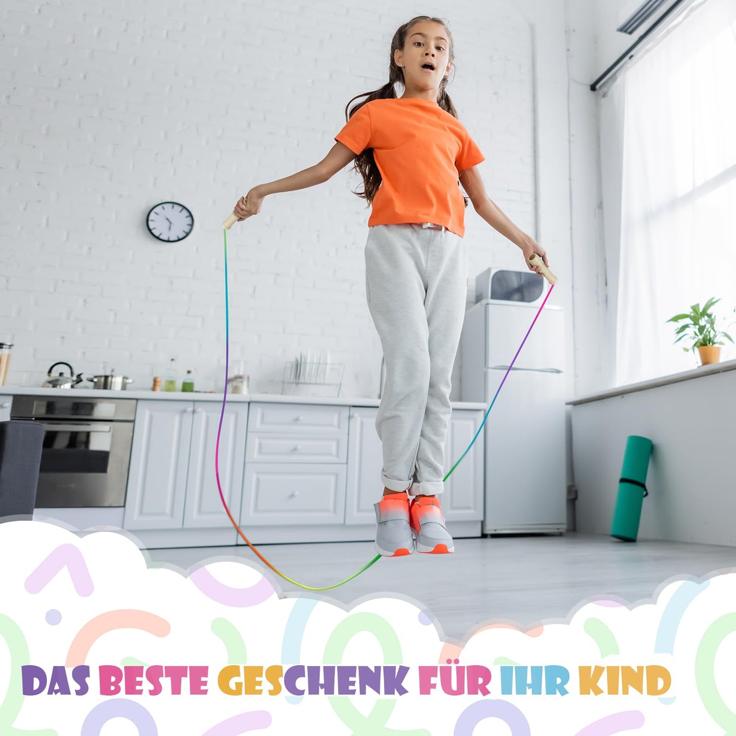 Paleclouds Springseil Kinder, Verstellbare Seilspringen für Fitness, 250CM Jump Rope Kinder mit Holzgriff und Regenbogen-Springseil, Skipping Rope Kids für Jungen und Mädchen 4 5 6 7 8 9 10 jahre