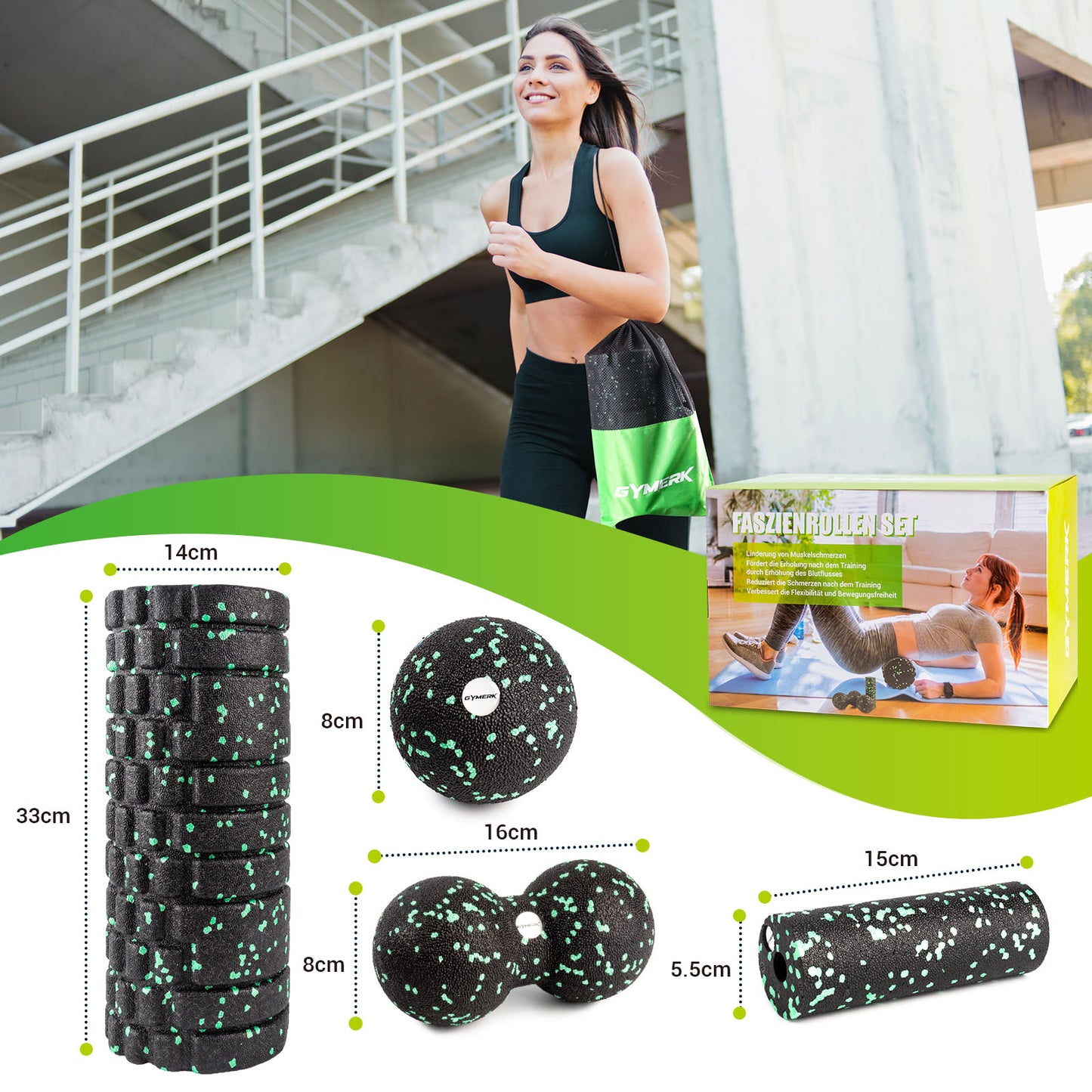 GYMERK Faszienrolle Set mit 3D-Texturmassage, Enthält Anweisungen und Poster in Deutscher Sprache Tragetasche, Faszien Set mit Faszienball Faszienrolle Klein Duoball
