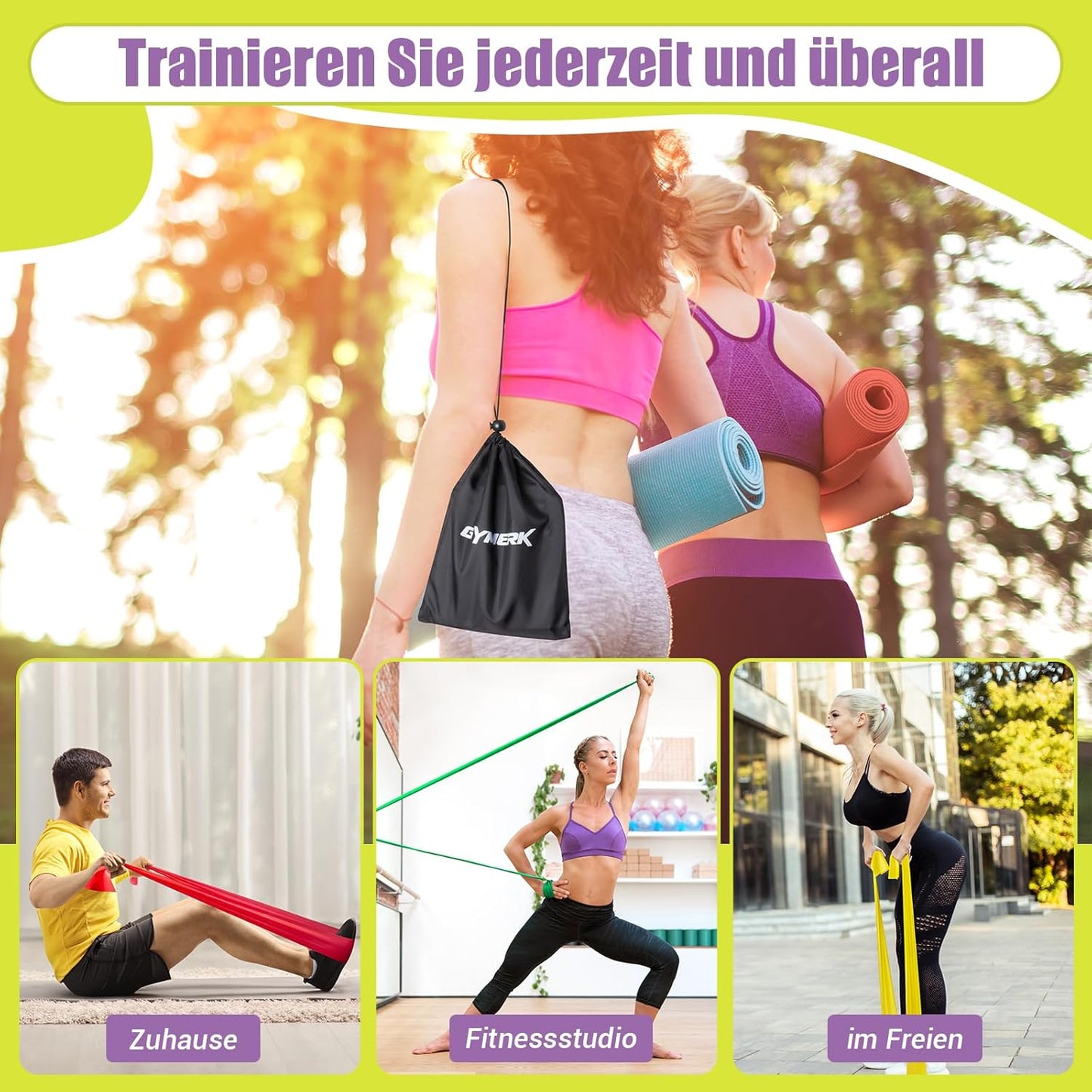 GYMERK Fitnessbänder 3er-Set, 1.8m Gymnastikband mit 3 Widerstandsstufen, Fitnessband mit Übungsanleitung, ideal für Yoga, Pilates, Krafttraining