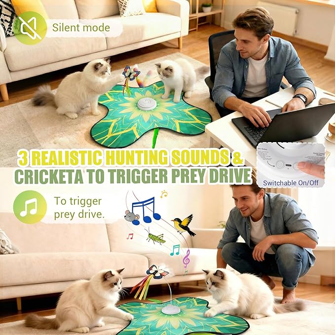 WAPUZPZ Rechargeable Interactive Cat Play Mat, Automatic Touch Cat Toy with Dual Wands & Suction Cups