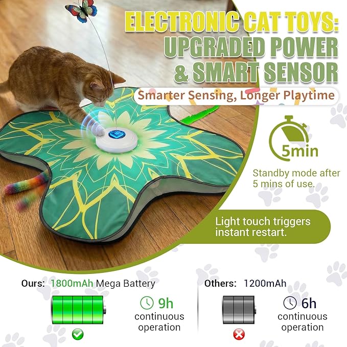 WAPUZPZ Rechargeable Interactive Cat Play Mat, Automatic Touch Cat Toy with Dual Wands & Suction Cups
