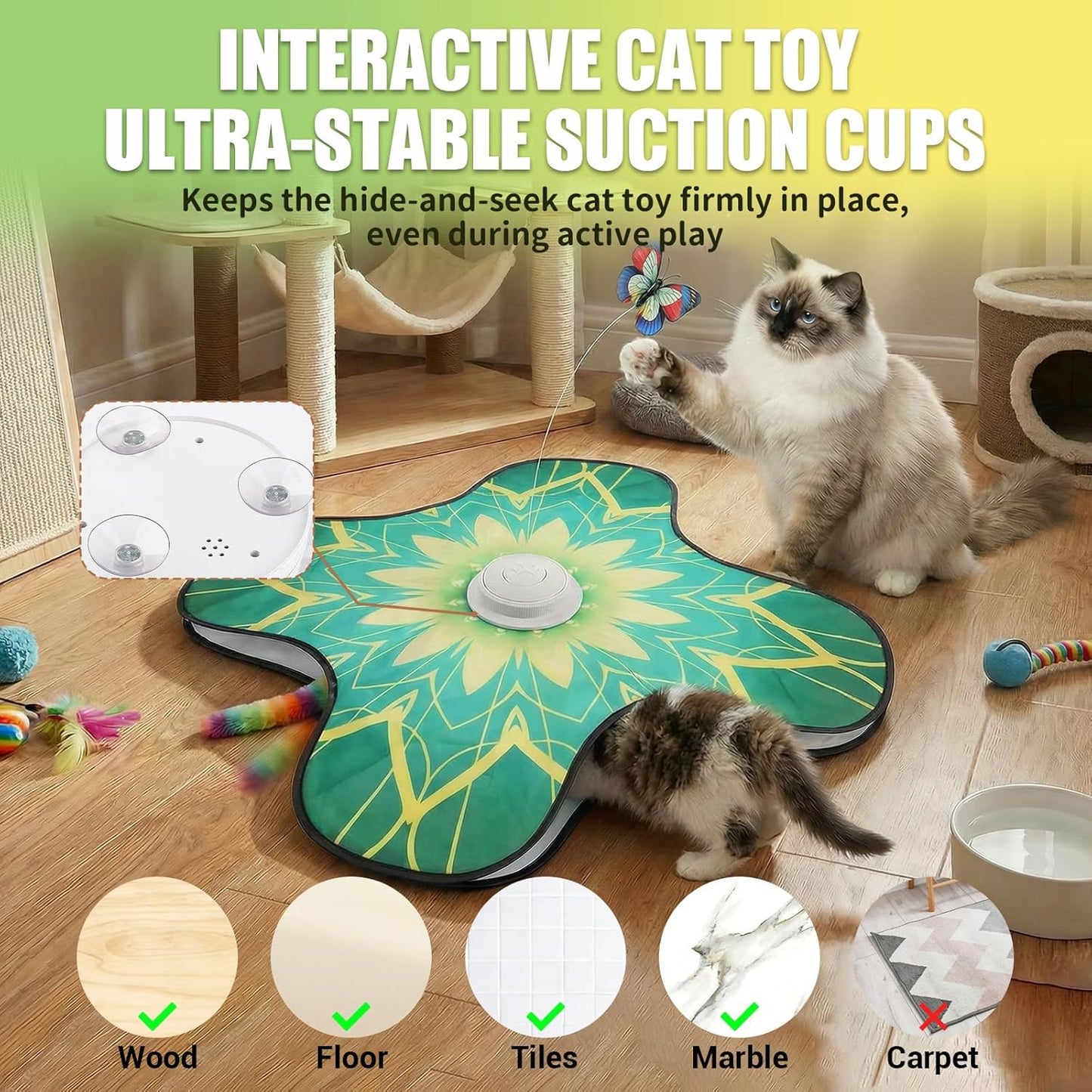 WAPUZPZ Rechargeable Interactive Cat Play Mat, Automatic Touch Cat Toy with Dual Wands & Suction Cups